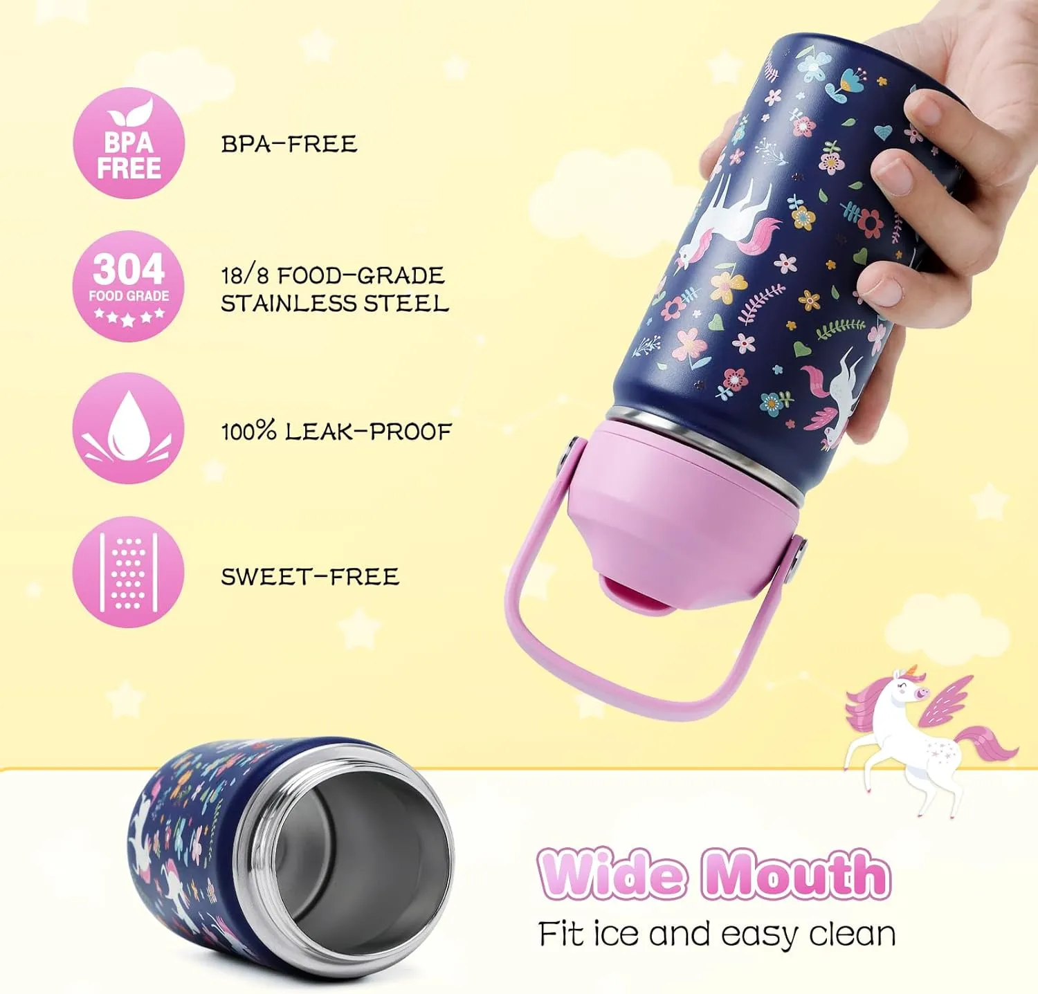 Kids Insulated Water Bottle with Straw Lid, 14oz Double Wall Vacuum 18/8 Stainless Steel Kids Tumbler, BPA-FREE Leak Proof Toddler Metal Water Bottle Kids Cups for School Travel Boys Girls