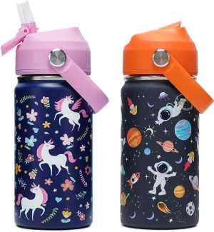 Kids Insulated Water Bottle with Straw Lid, 14oz Double Wall Vacuum 18/8 Stainless Steel Kids Tumbler, BPA-FREE Leak Proof Toddler Metal Water Bottle Kids Cups for School Travel Boys Girls