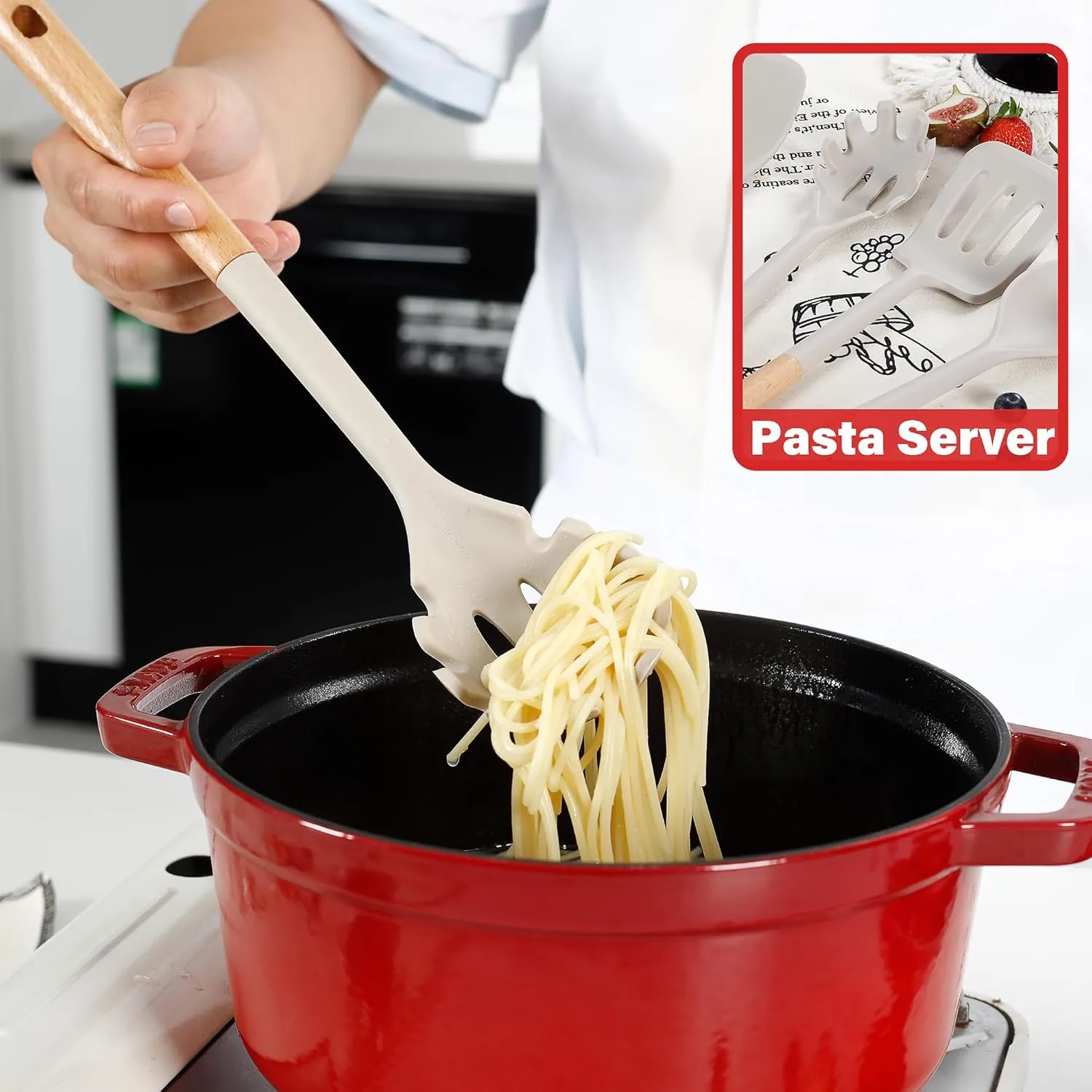 Kitchen Utensils Set, Large Non-stick Silicone Cooking Utensils Set 6 Pcs, Wooden Handle Heat Resistance Silicone Spatula Soup Ladle Pasta Server Kitchen Gadgets Utensils Set BPA Free (Khaki)