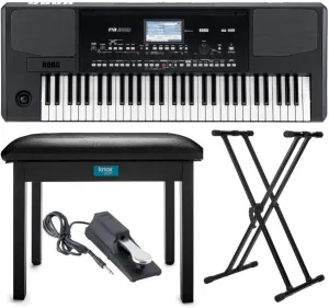 KORG Pa300 61-Key Professional Arranger Keyboard Bundle with Flip-Top Piano Bench, Adjustable Double-X Keyboard Stand, & Damper Pedal (4 Items)