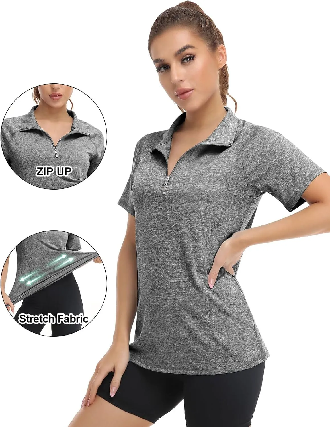 Koscacy Womens Quarter Zip Polo Shirts Short Sleeve Quick Dry Golf Tennis Athletic Tops (S-2XL)