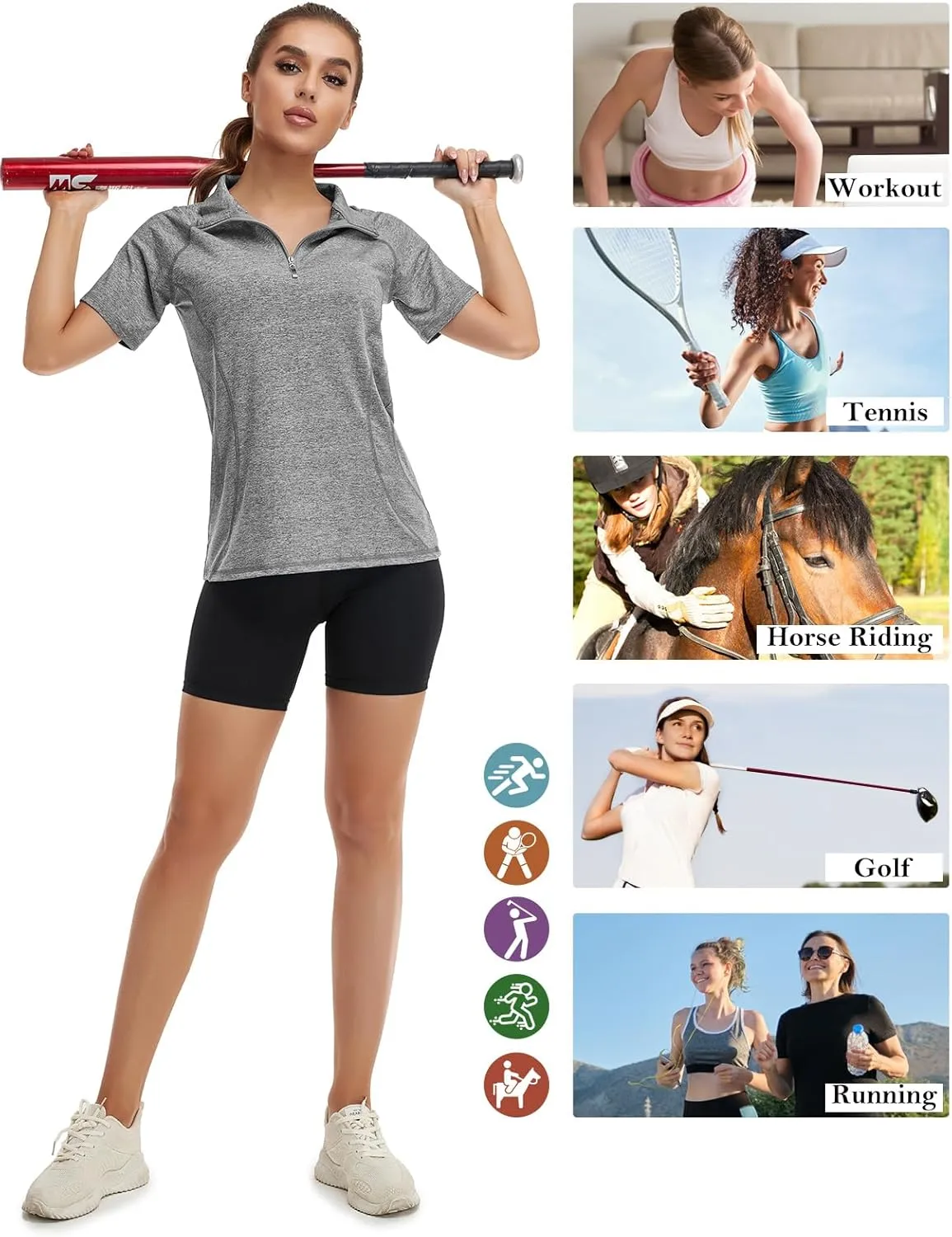 Koscacy Womens Quarter Zip Polo Shirts Short Sleeve Quick Dry Golf Tennis Athletic Tops (S-2XL)