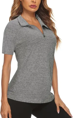 Koscacy Womens Quarter Zip Polo Shirts Short Sleeve Quick Dry Golf Tennis Athletic Tops (S-2XL)