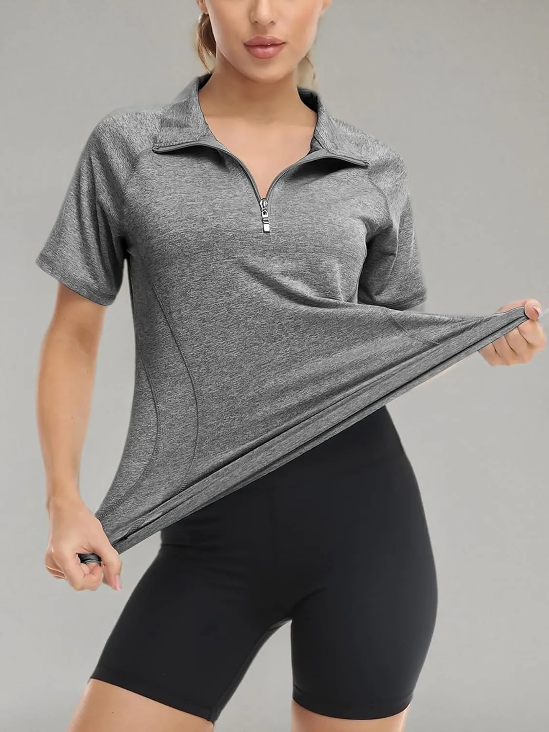 Koscacy Womens Quarter Zip Polo Shirts Short Sleeve Quick Dry Golf Tennis Athletic Tops (S-2XL)