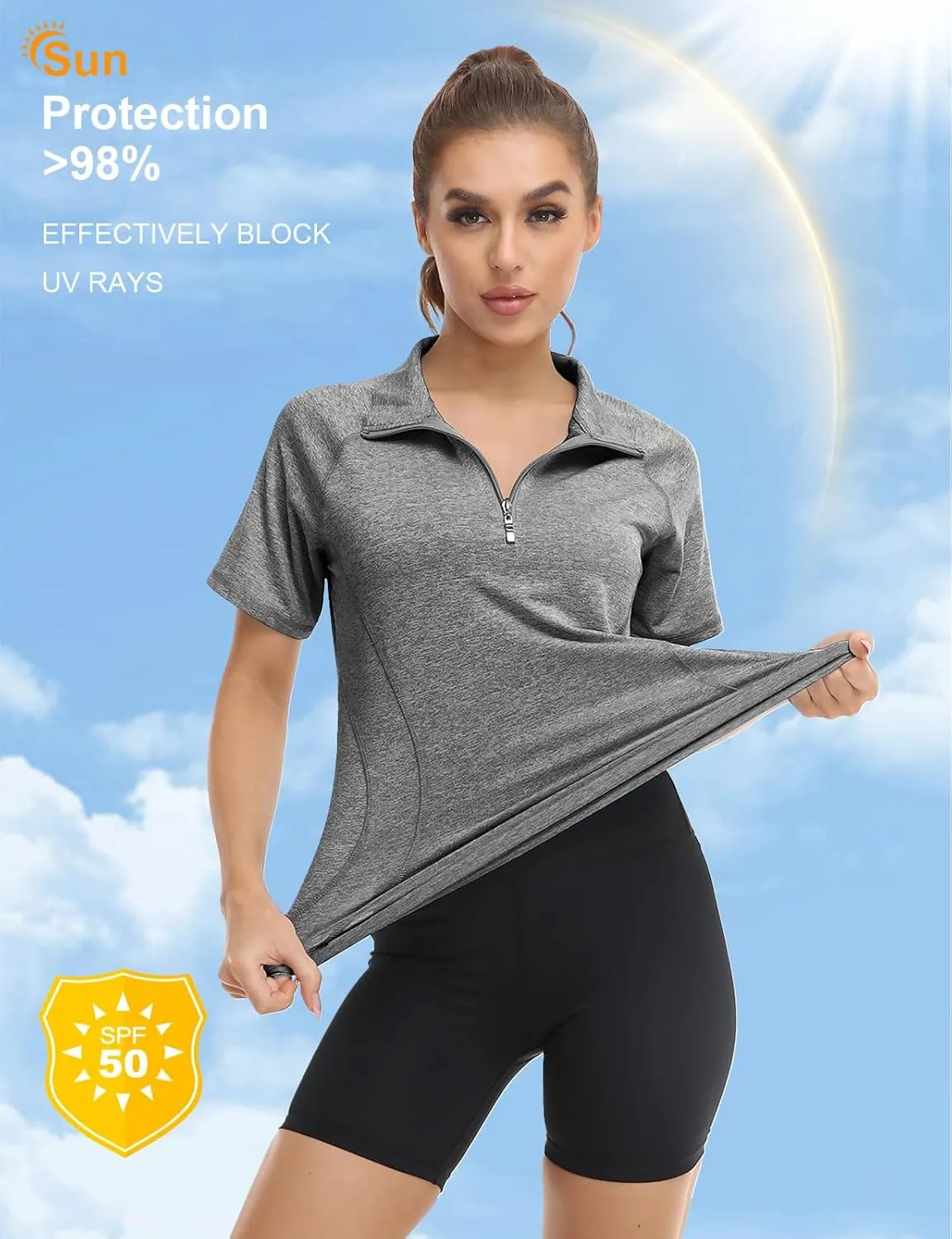 Koscacy Womens Quarter Zip Polo Shirts Short Sleeve Quick Dry Golf Tennis Athletic Tops (S-2XL)