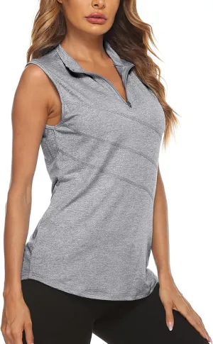 Koscacy Women's Sleeveless Golf Tennis Polo Shirts Zip Up Dry Fit Workout Tank Tops Athletic Shirt