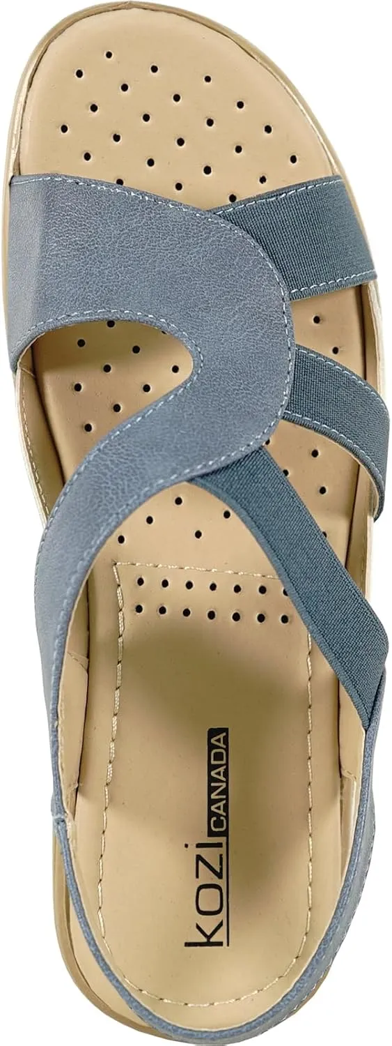 KOZI Women Comfort Casual Wedge Sandal Slip-On Loafer OY3132 Elasticized Band Open Round Toe Black Flower Navy Red White