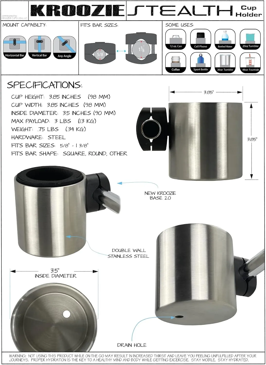 Kroozie Stealth Bike Cup Holder - The Ultimate Handlebar Accessory for Your Ride - Fits All Bikes, E-Bikes, Scooters & Keeps Your Cups Beverage Secure Flat Black