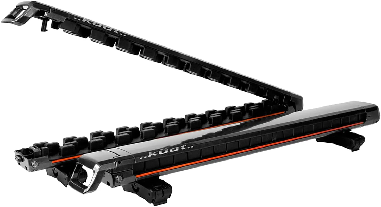KUAT Grip 6 Durable Universal Car SUV Rooftop Crossbars Mounted Winter Sports Gear Hauling Transportation Slide-Out Locking Clamshell Rack, Fits 6 Skis/4 Snowboards - Gray Metallic with Orange Anodize