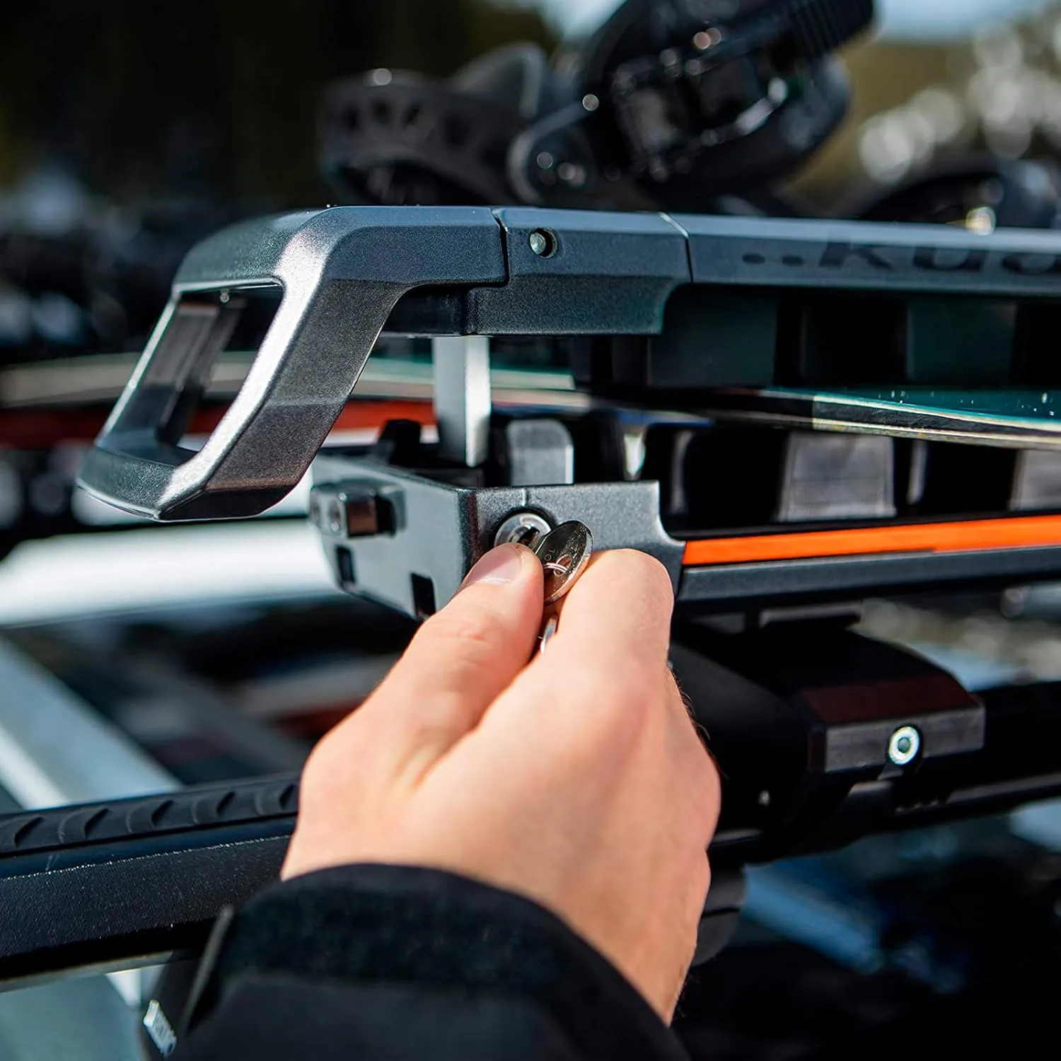 KUAT Grip 6 Durable Universal Car SUV Rooftop Crossbars Mounted Winter Sports Gear Hauling Transportation Slide-Out Locking Clamshell Rack, Fits 6 Skis/4 Snowboards - Gray Metallic with Orange Anodize