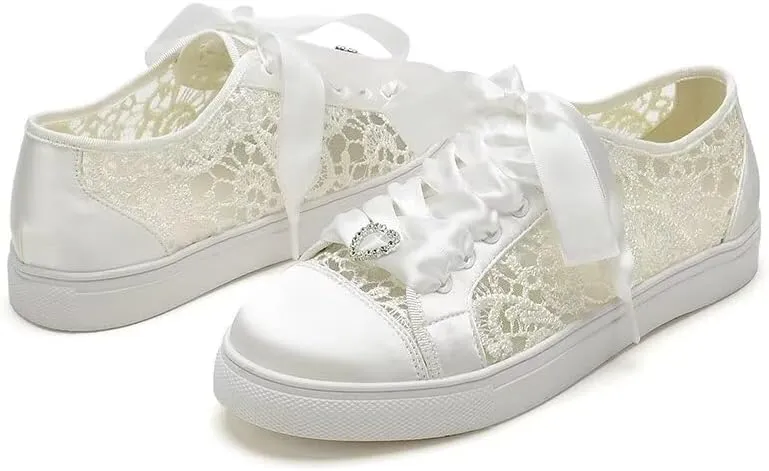Lace Wedding Sneakers for Bride Low Top Bridal Tennis Shoes Comfortable Wedding Shoes