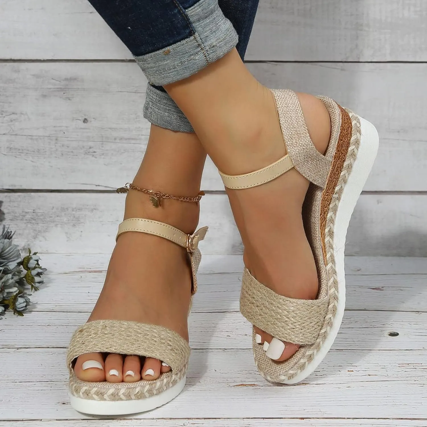 Ladies Fashion Summer Open Toe Straw Rope Upper Wedge Heel Thick Sole Sandals Womens Strap Sandals Size 9 Slippers