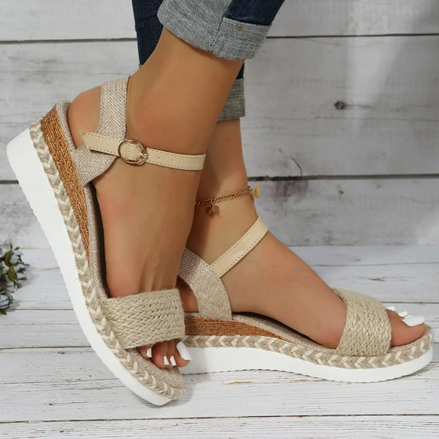 Ladies Fashion Summer Open Toe Straw Rope Upper Wedge Heel Thick Sole Sandals Womens Strap Sandals Size 9 Slippers