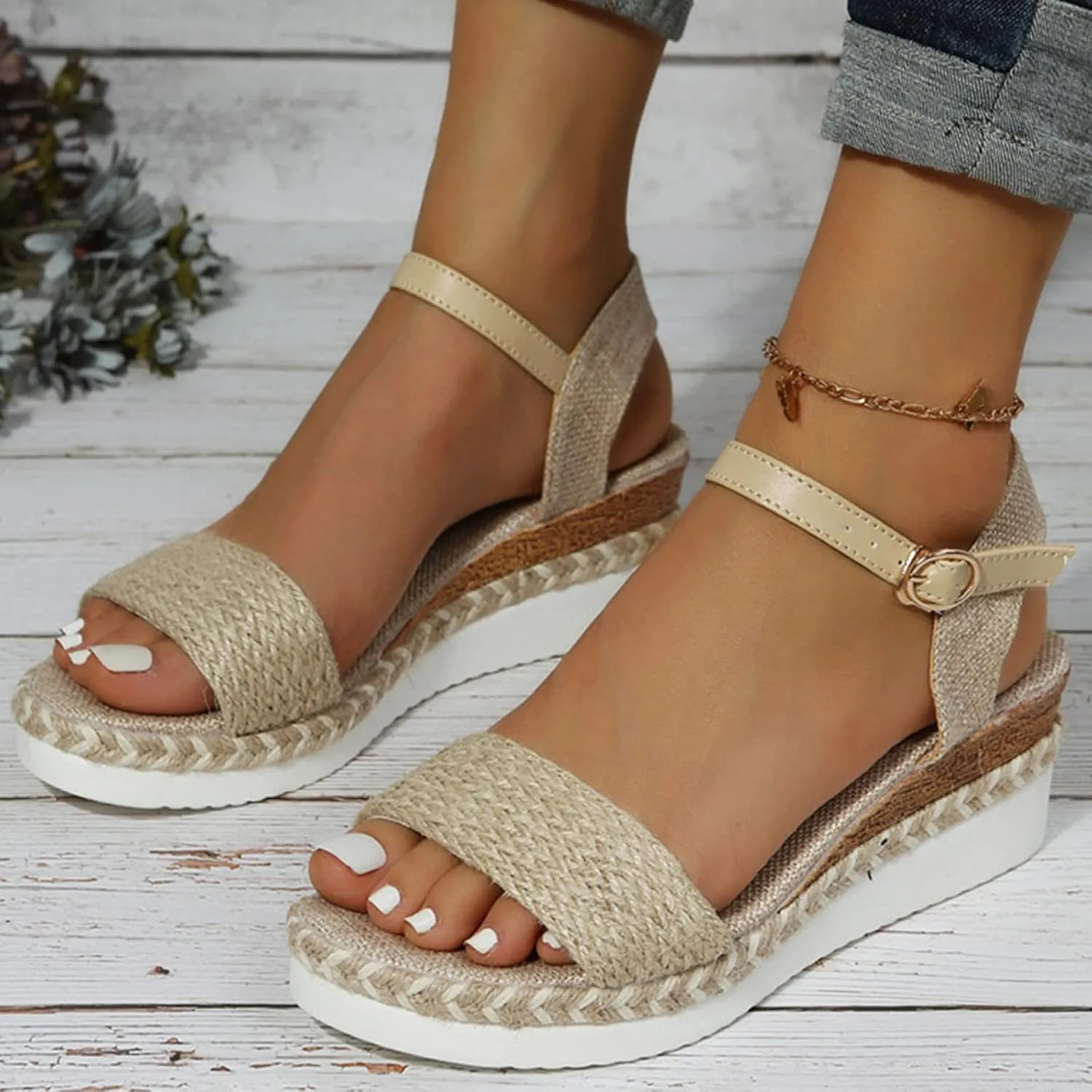 Ladies Fashion Summer Open Toe Straw Rope Upper Wedge Heel Thick Sole Sandals Womens Strap Sandals Size 9 Slippers