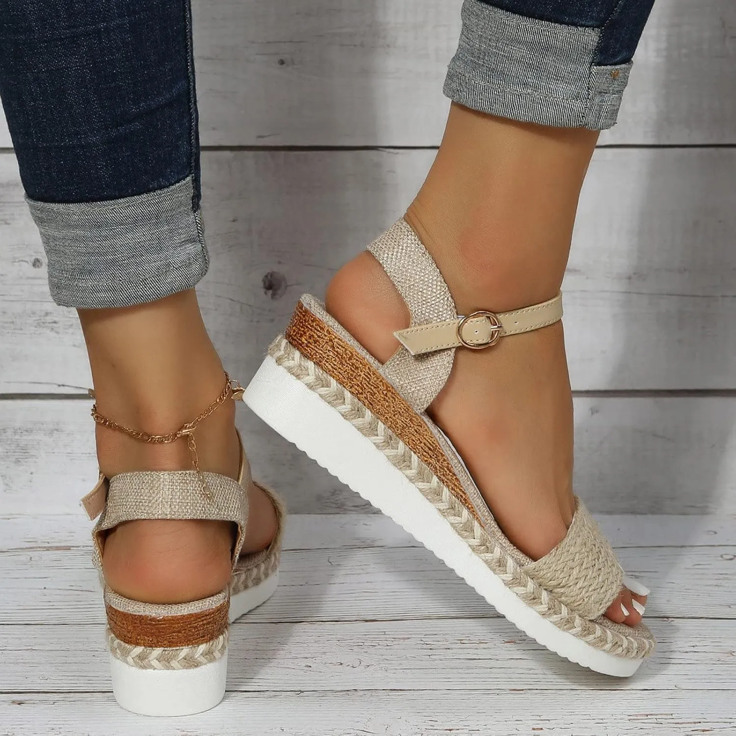 Ladies Fashion Summer Open Toe Straw Rope Upper Wedge Heel Thick Sole Sandals Womens Strap Sandals Size 9 Slippers