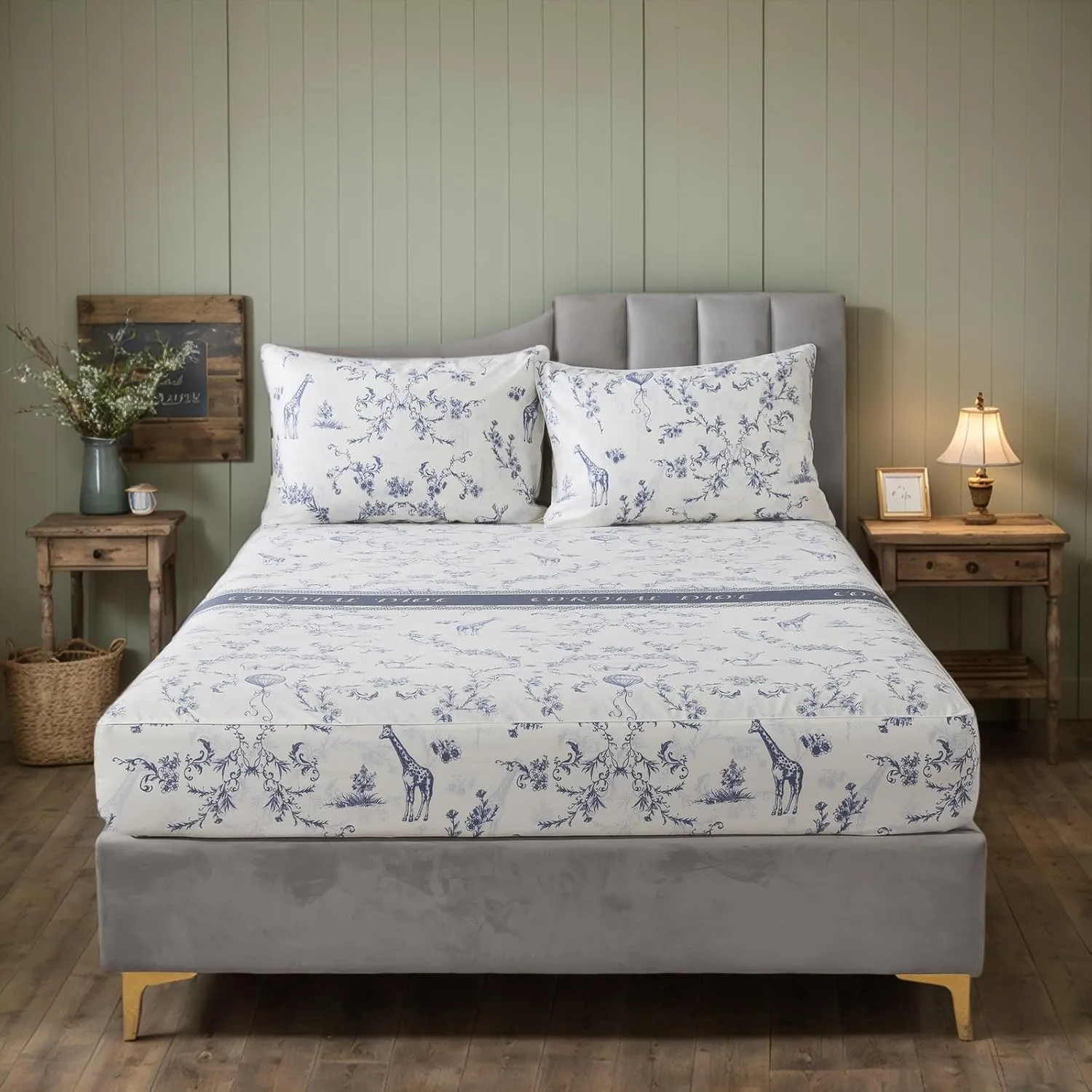 Lemfux White Twin Bed Sheet Set, 1 Flat Sheet 66"x96", 1 Fitted Sheet 39"x75", 2 Pillowcases 20"x29".4 Pieecs Cotton Flower and Animal Farmhouse Style Blue French Country Bedding Set