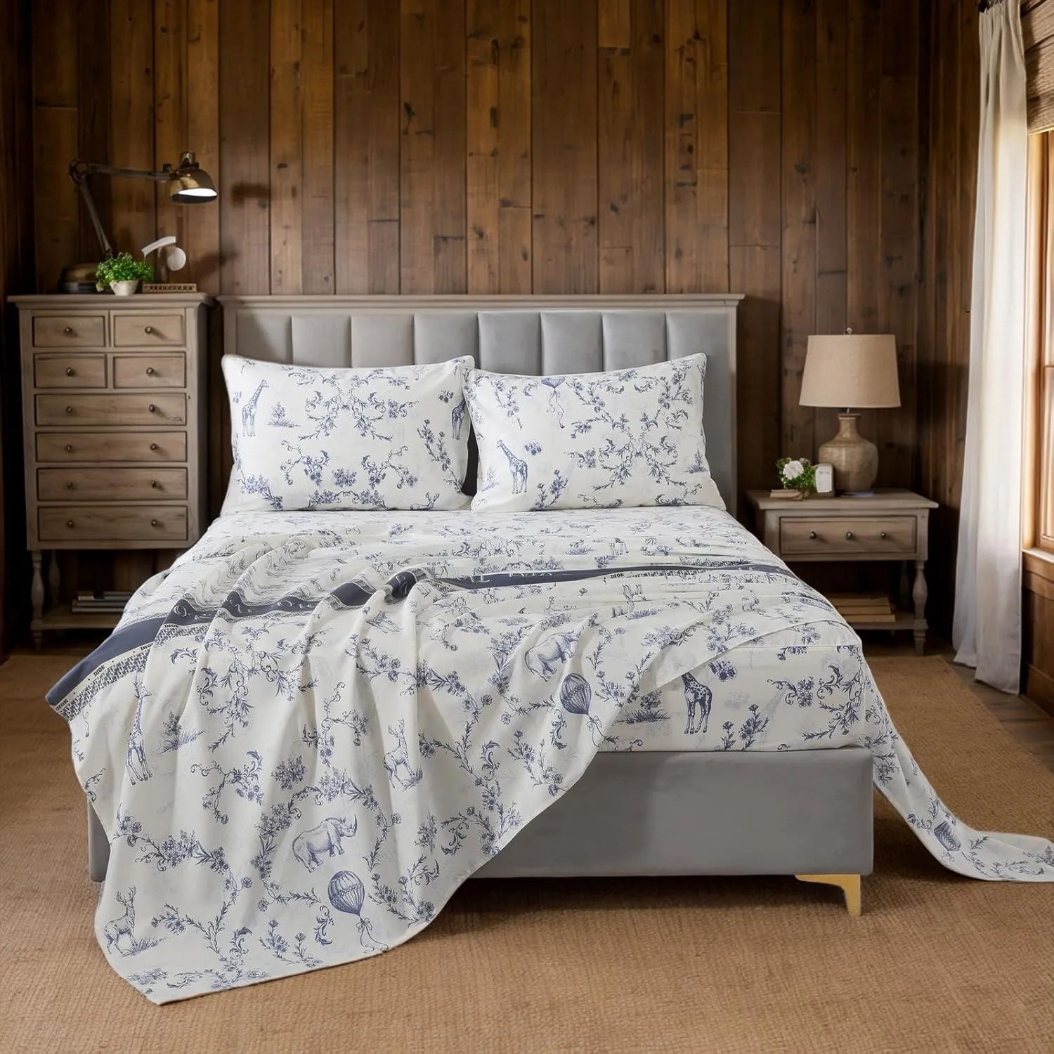 Lemfux White Twin Bed Sheet Set, 1 Flat Sheet 66"x96", 1 Fitted Sheet 39"x75", 2 Pillowcases 20"x29".4 Pieecs Cotton Flower and Animal Farmhouse Style Blue French Country Bedding Set