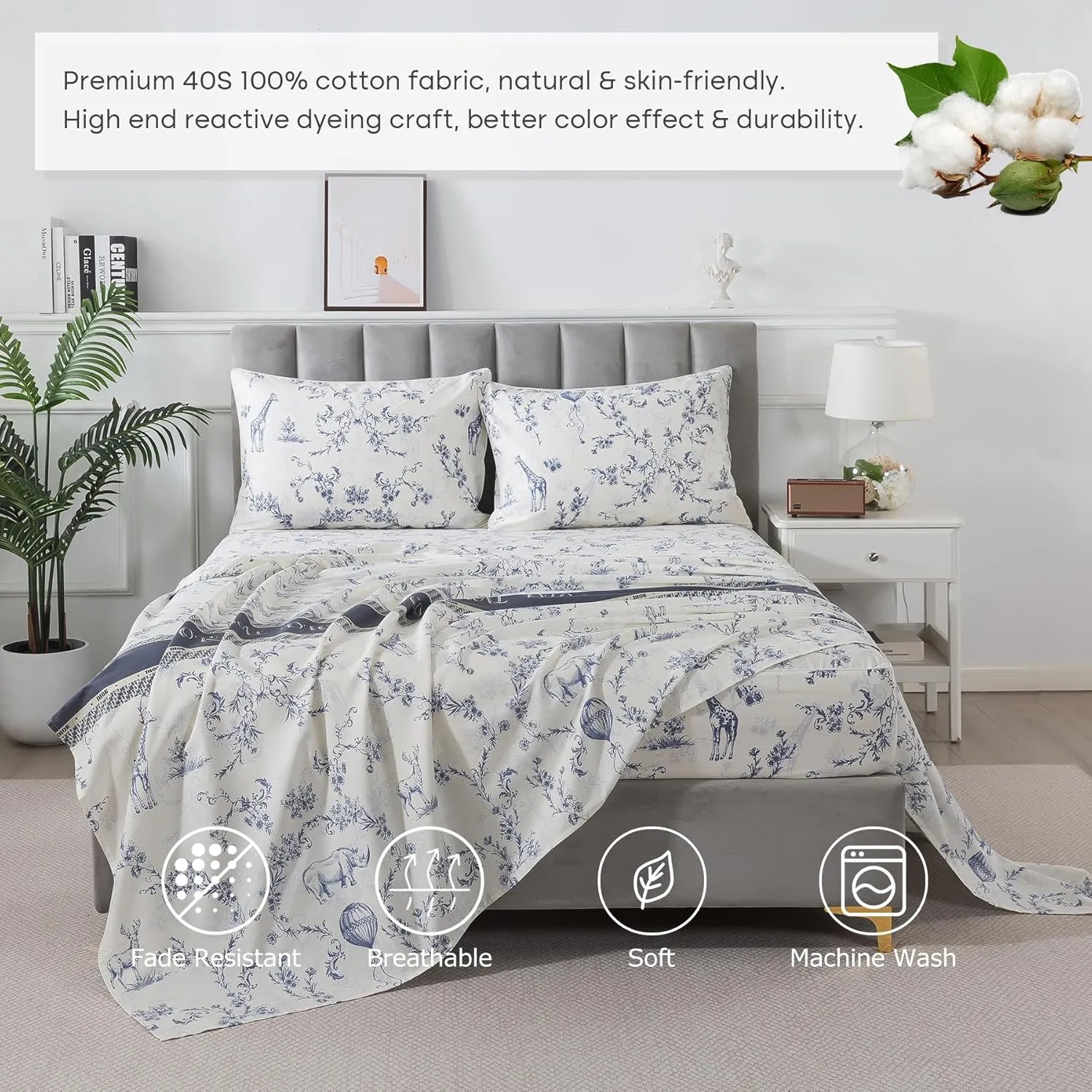 Lemfux White Twin Bed Sheet Set, 1 Flat Sheet 66"x96", 1 Fitted Sheet 39"x75", 2 Pillowcases 20"x29".4 Pieecs Cotton Flower and Animal Farmhouse Style Blue French Country Bedding Set