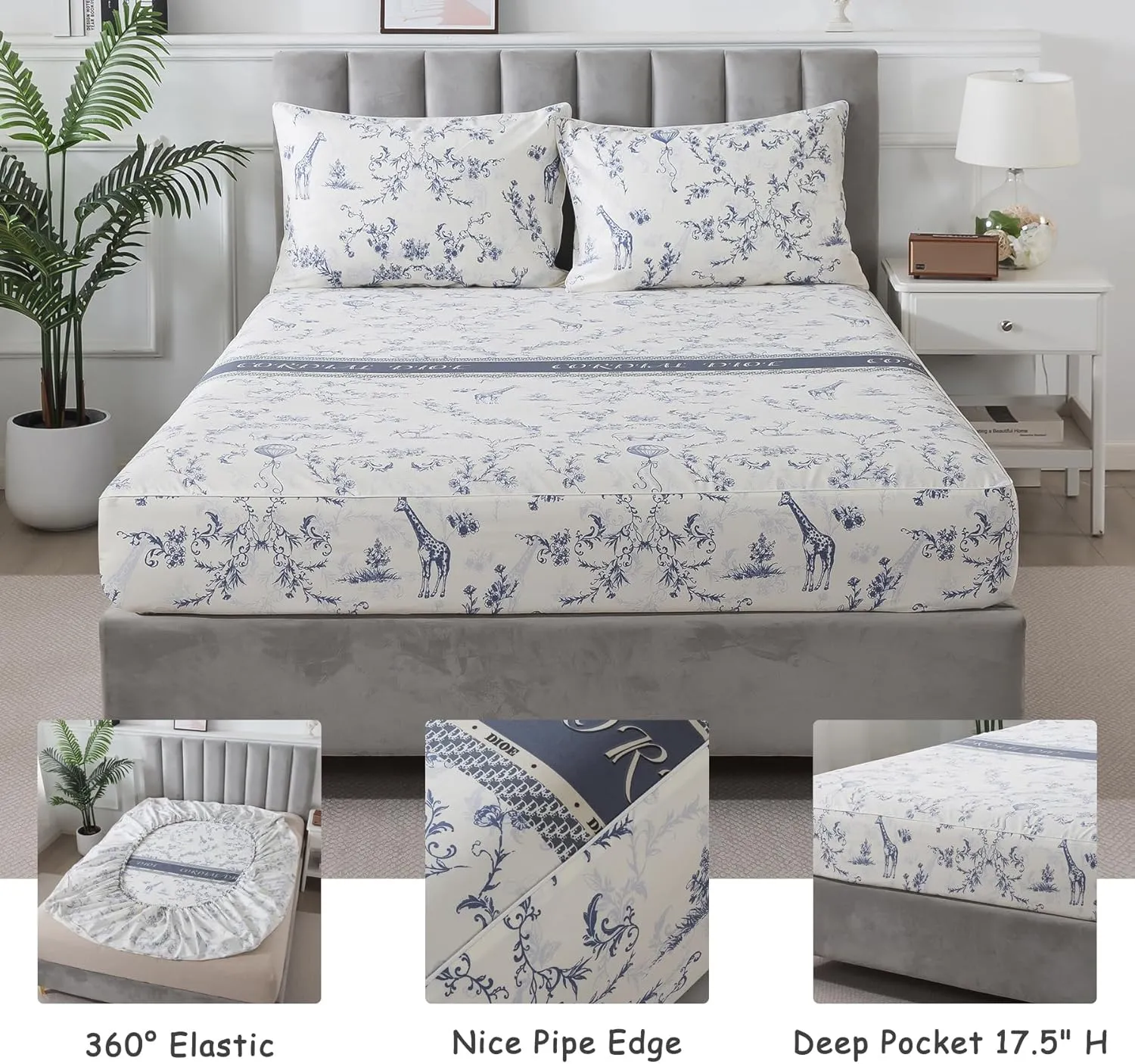 Lemfux White Twin Bed Sheet Set, 1 Flat Sheet 66"x96", 1 Fitted Sheet 39"x75", 2 Pillowcases 20"x29".4 Pieecs Cotton Flower and Animal Farmhouse Style Blue French Country Bedding Set