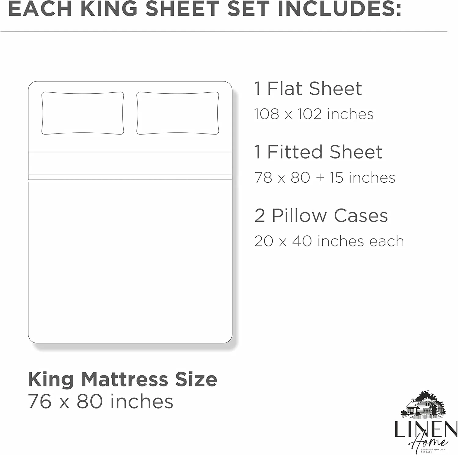 Linen Home 100% Cotton Marrow Percale Sheet Set, King Size, Dove Grey, 4 Pieces - 1 Flat, 1 Deep Pocket Fitted Sheet and 2 Pillowcases, Breathable, Crisp Cool and Strong Bed Linen