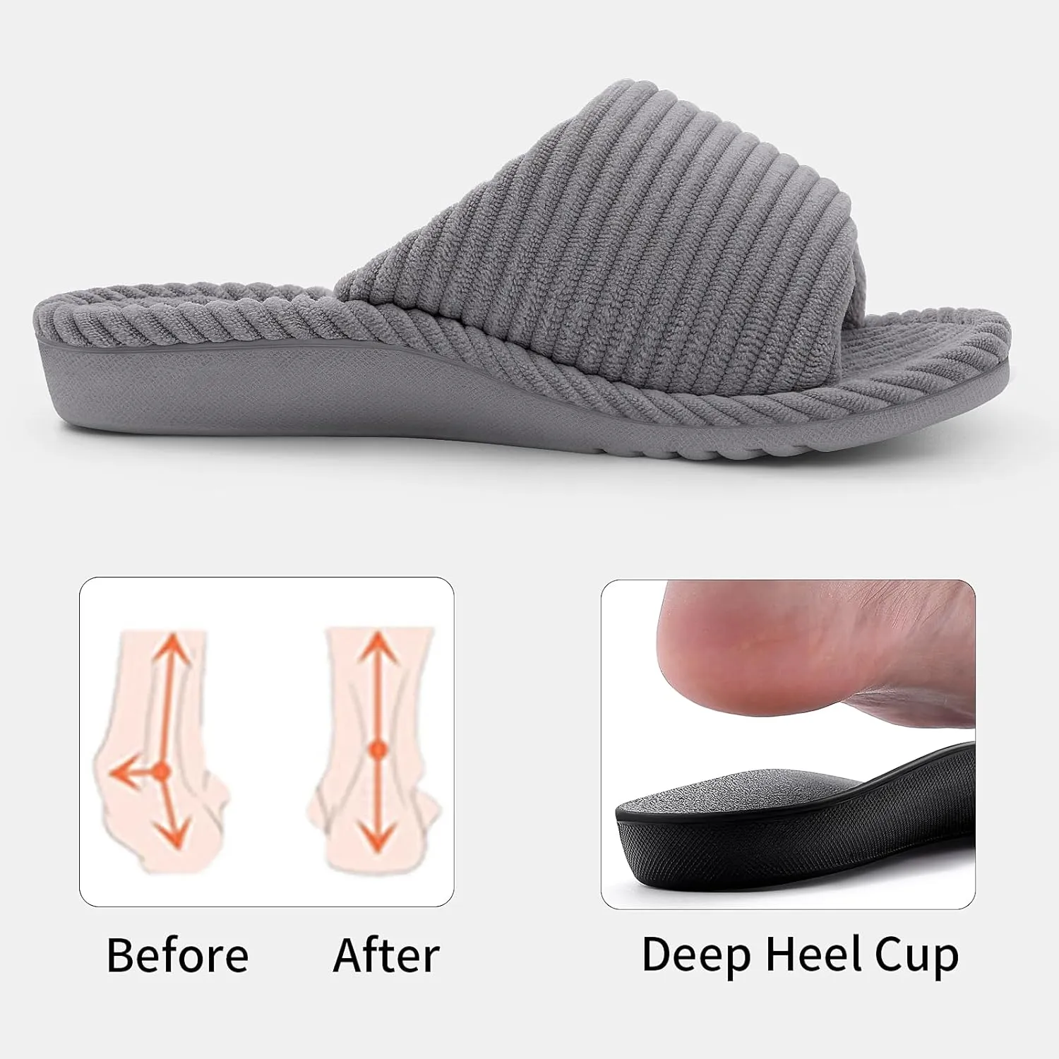 Litfun Orthopedic House Slippers for Women Adjustable Arch Support Indoor Slippers Open Toe Corduroy Bedroom Shoe