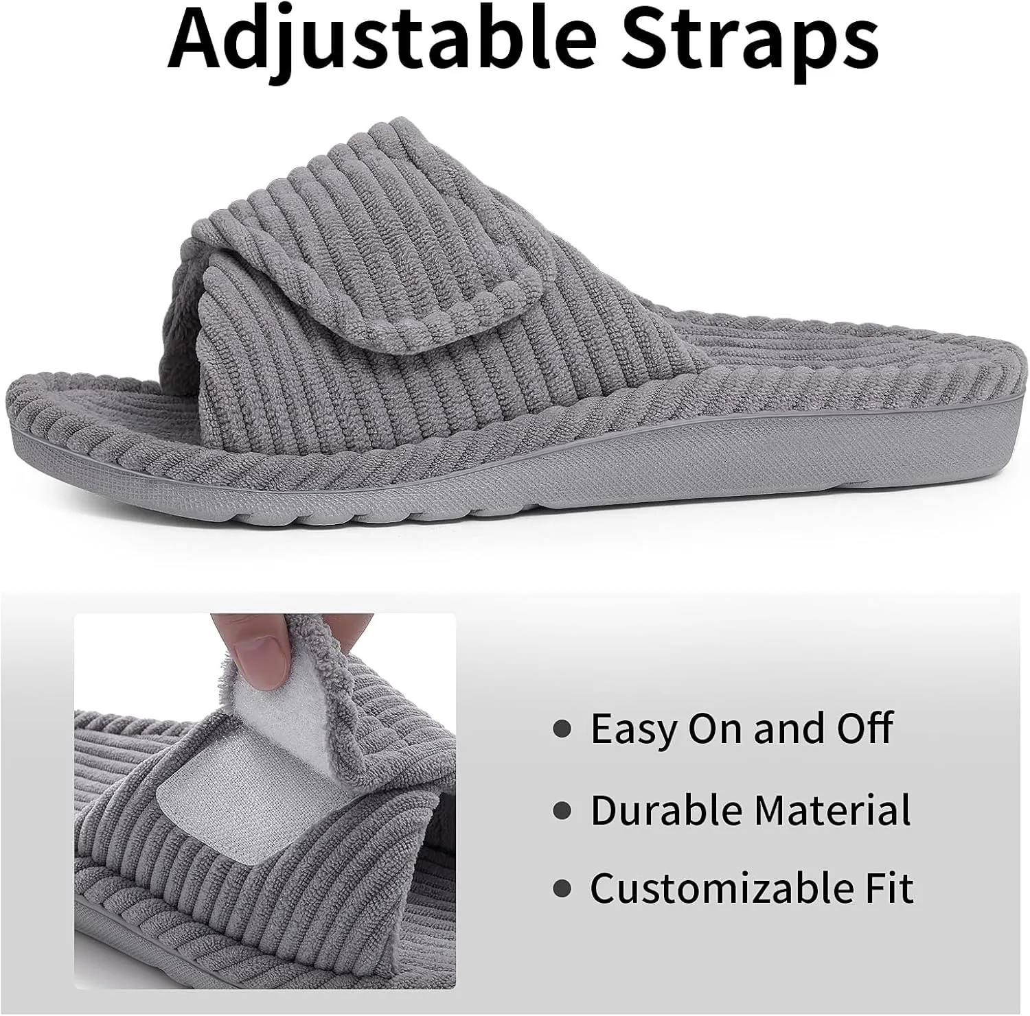 Litfun Orthopedic House Slippers for Women Adjustable Arch Support Indoor Slippers Open Toe Corduroy Bedroom Shoe
