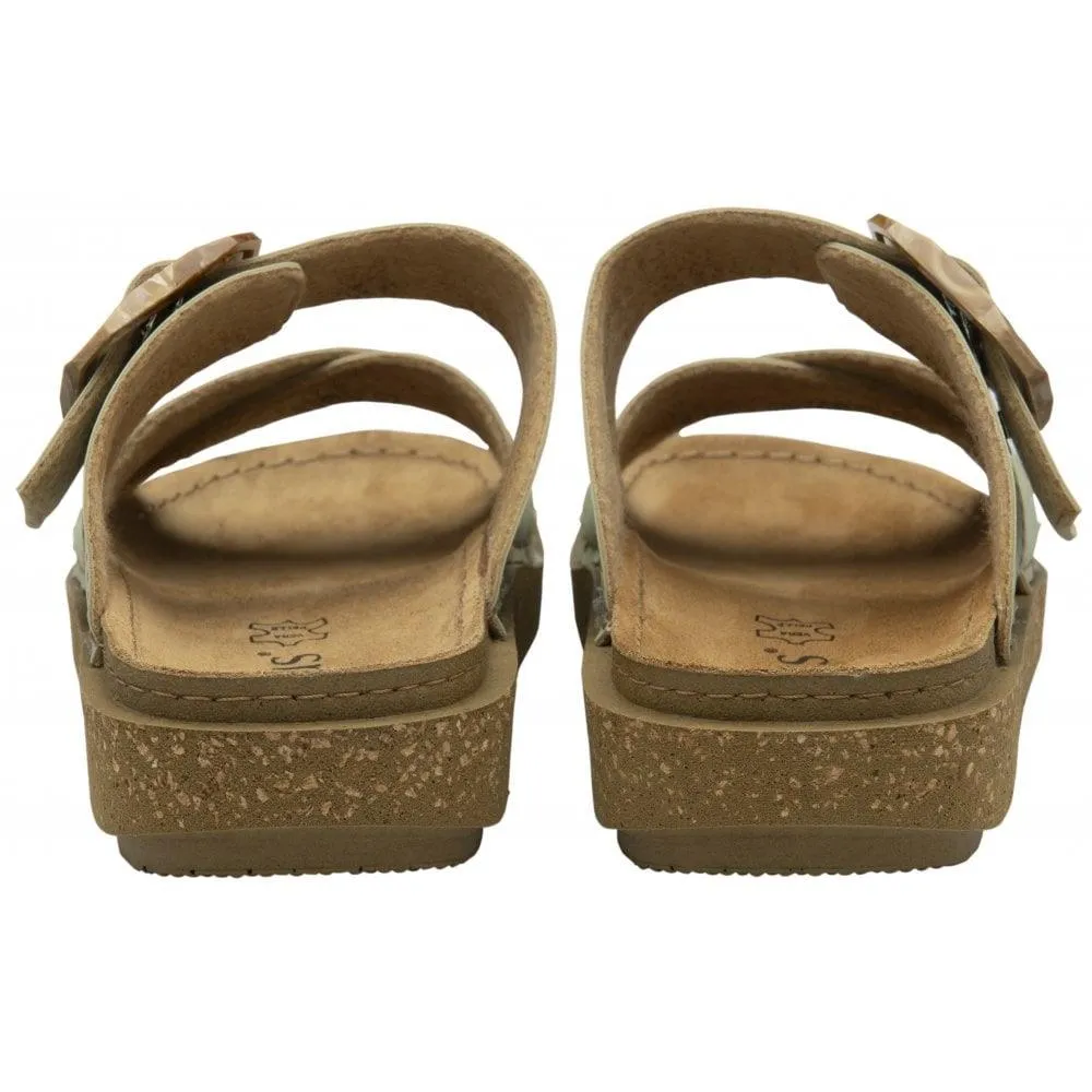 Lotus Ladies Assenza Green Faux Leather Slip On Mule Cork Effect Strap Sandals