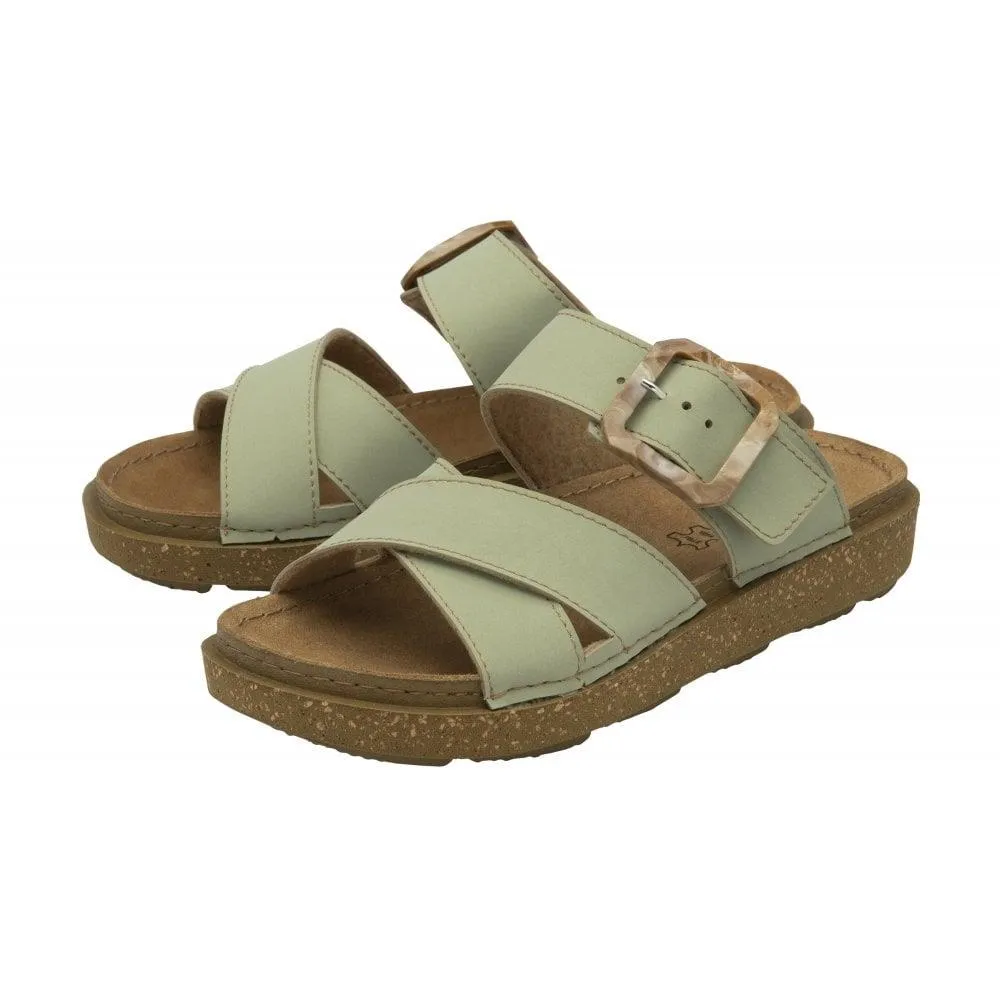 Lotus Ladies Assenza Green Faux Leather Slip On Mule Cork Effect Strap Sandals