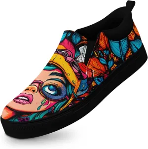 Low-top Slip-On Sneakers for Men, Women's Comfortable Flat Canvas Shoes Casual Loafers with Graffiti Style Design