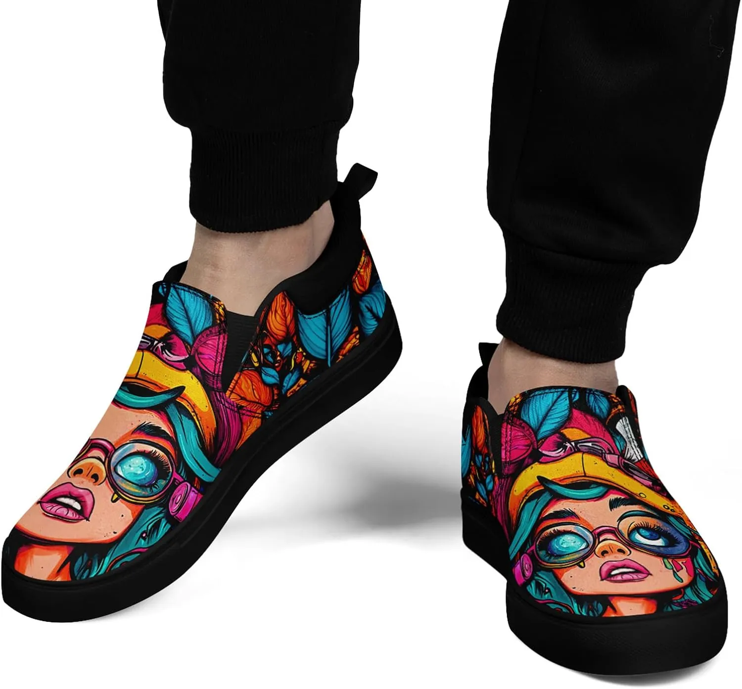 Low-top Slip-On Sneakers for Men, Women's Comfortable Flat Canvas Shoes Casual Loafers with Graffiti Style Design