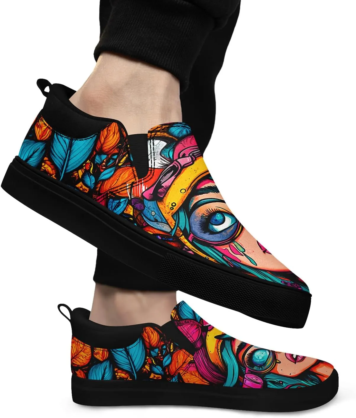 Low-top Slip-On Sneakers for Men, Women's Comfortable Flat Canvas Shoes Casual Loafers with Graffiti Style Design