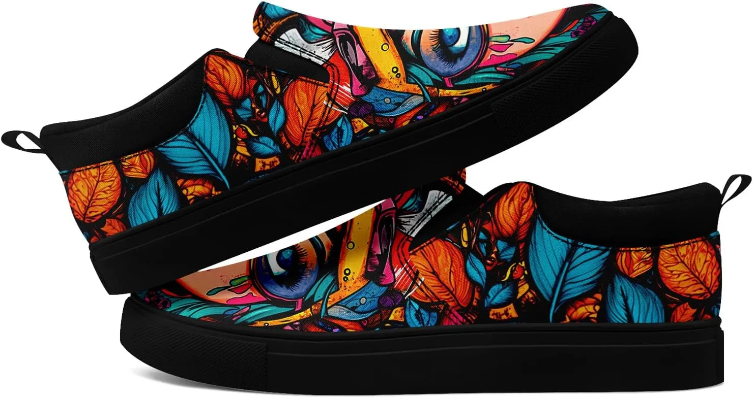 Low-top Slip-On Sneakers for Men, Women's Comfortable Flat Canvas Shoes Casual Loafers with Graffiti Style Design