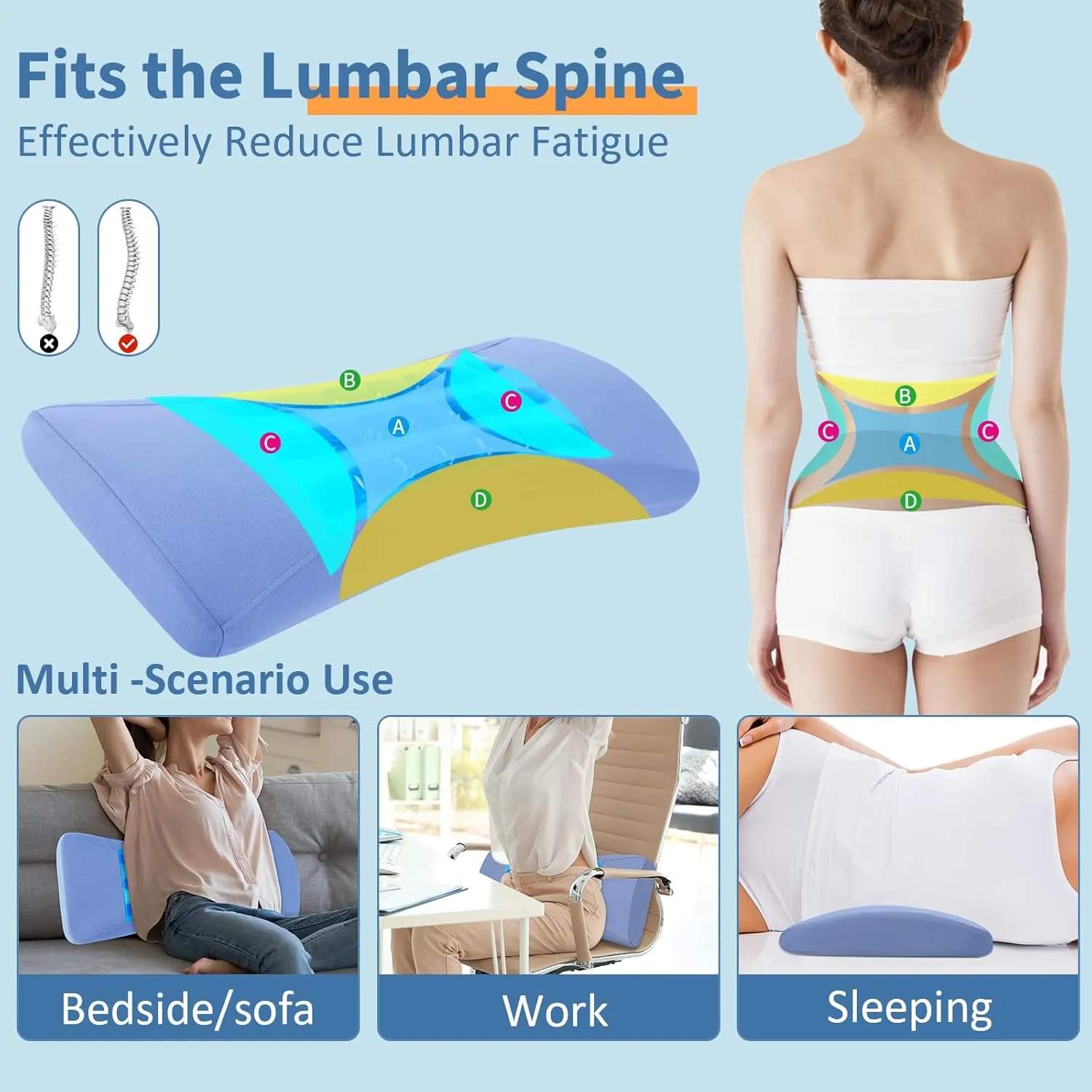 Lumbar Support Pillow for Bed Relief Lower Back Pain with Cooling Gel: Sciatica Lower Back Pillow for Sleeping-Memory Foam Waist Pillow for Side/Back/Stomach Sleepers-Bed Rest Pillow for Car, Sofa