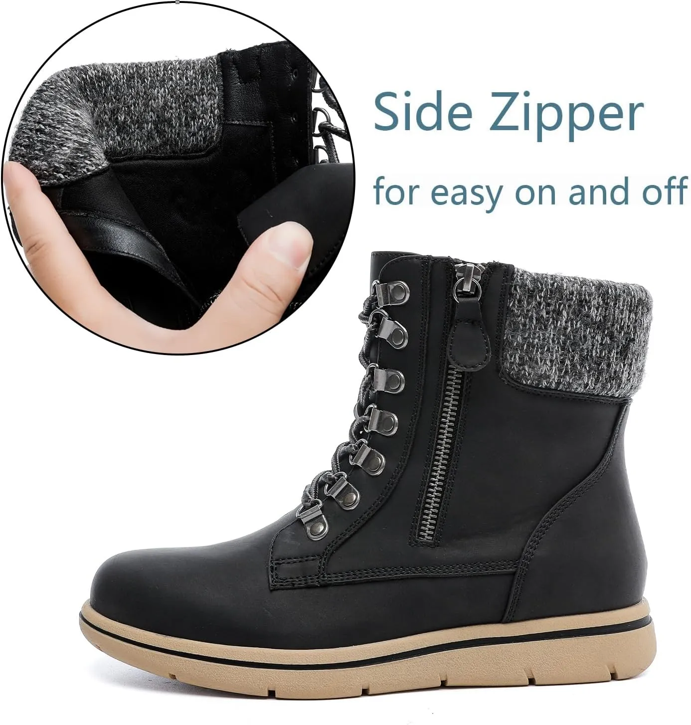 Luoika Women's Wide Width Ankle Boots, Flat Heel Side Zipper Lace Up Plus Size Short Booties.