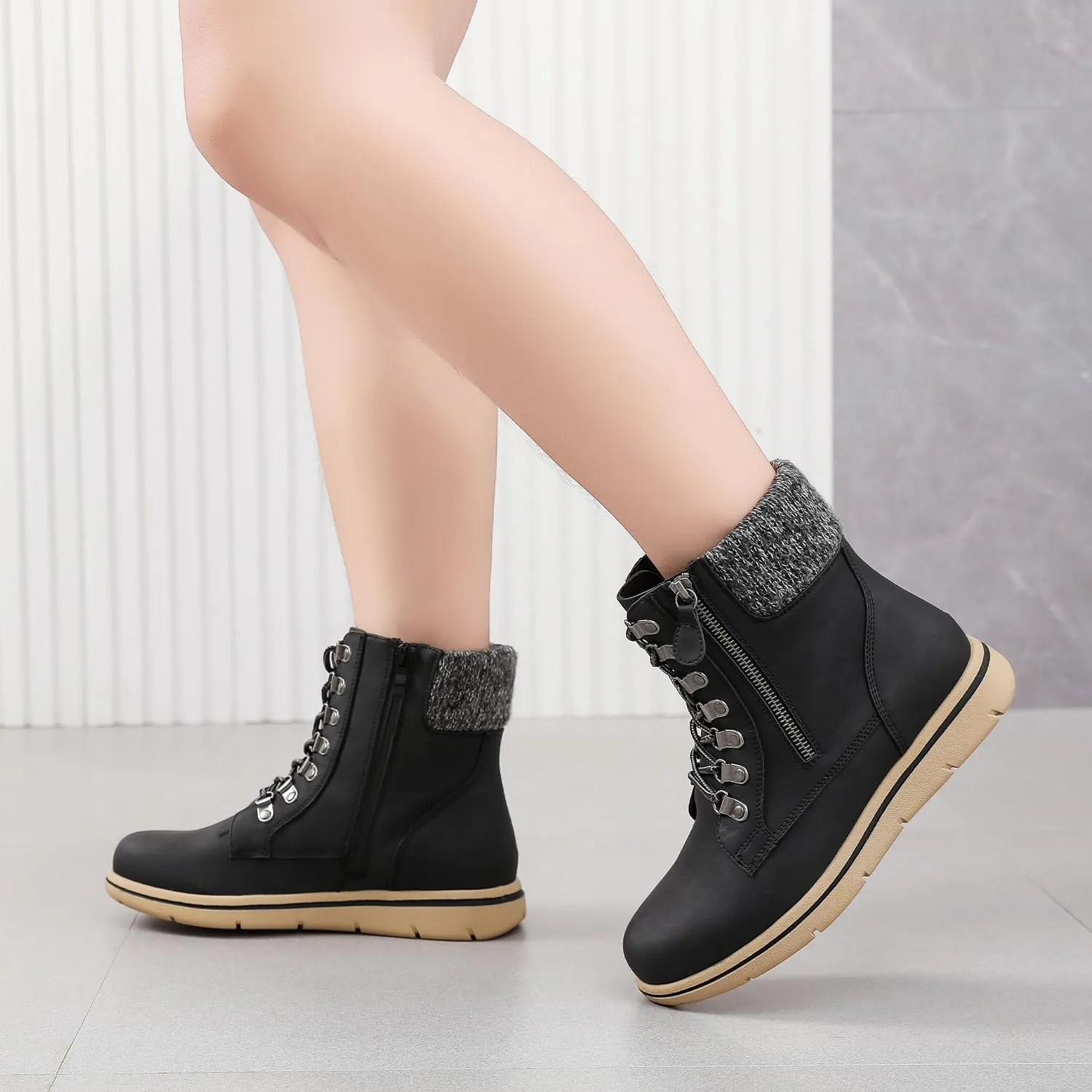 Luoika Women's Wide Width Ankle Boots, Flat Heel Side Zipper Lace Up Plus Size Short Booties.