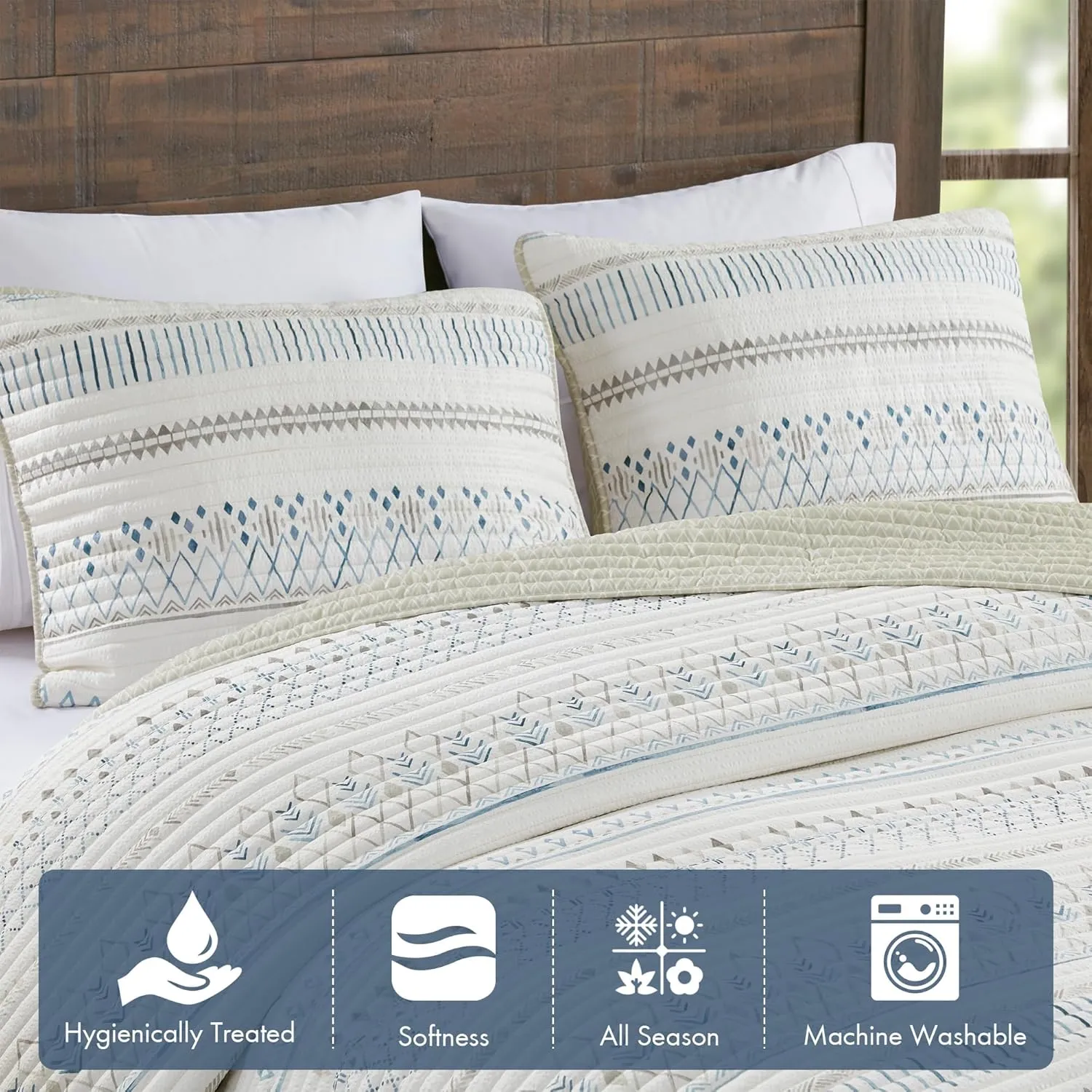 Madison Park Queen Quilt Set, Southwestern Boho Coverlet Queen Bedding Reversible Seersucker, Channel Quilting, All Season, Soft Microfiber Queen Size Quilt, Fraser, Full/Queen, Taupe/Blue 3 Piece
