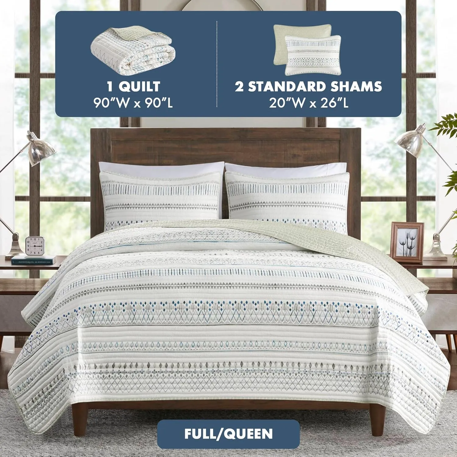 Madison Park Queen Quilt Set, Southwestern Boho Coverlet Queen Bedding Reversible Seersucker, Channel Quilting, All Season, Soft Microfiber Queen Size Quilt, Fraser, Full/Queen, Taupe/Blue 3 Piece