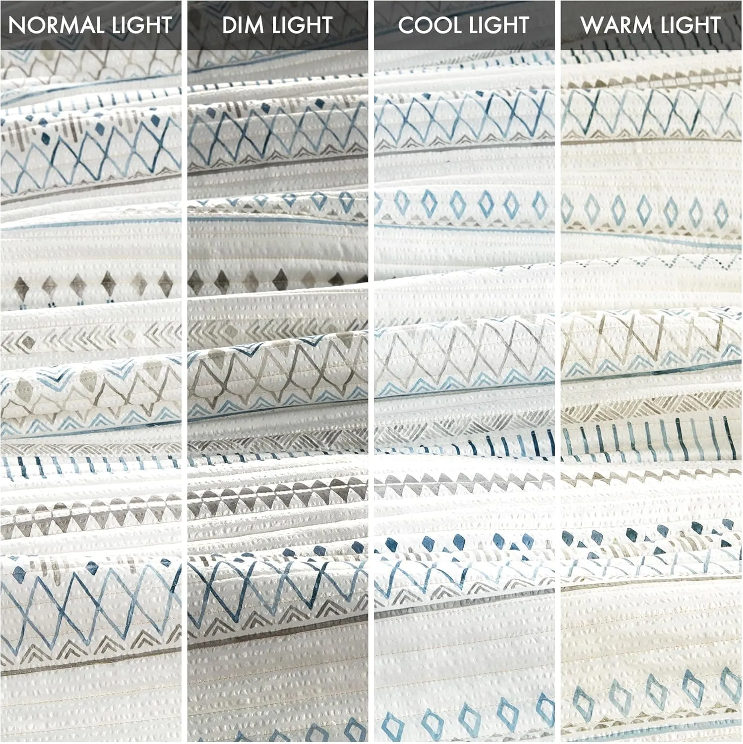 Madison Park Queen Quilt Set, Southwestern Boho Coverlet Queen Bedding Reversible Seersucker, Channel Quilting, All Season, Soft Microfiber Queen Size Quilt, Fraser, Full/Queen, Taupe/Blue 3 Piece