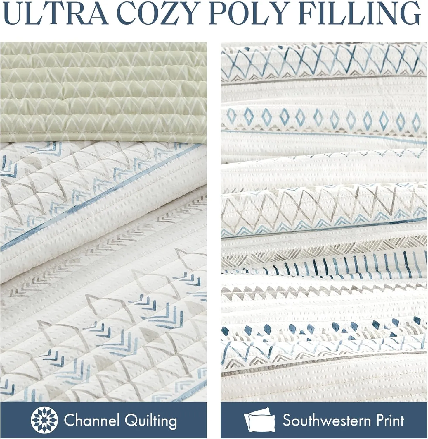Madison Park Queen Quilt Set, Southwestern Boho Coverlet Queen Bedding Reversible Seersucker, Channel Quilting, All Season, Soft Microfiber Queen Size Quilt, Fraser, Full/Queen, Taupe/Blue 3 Piece
