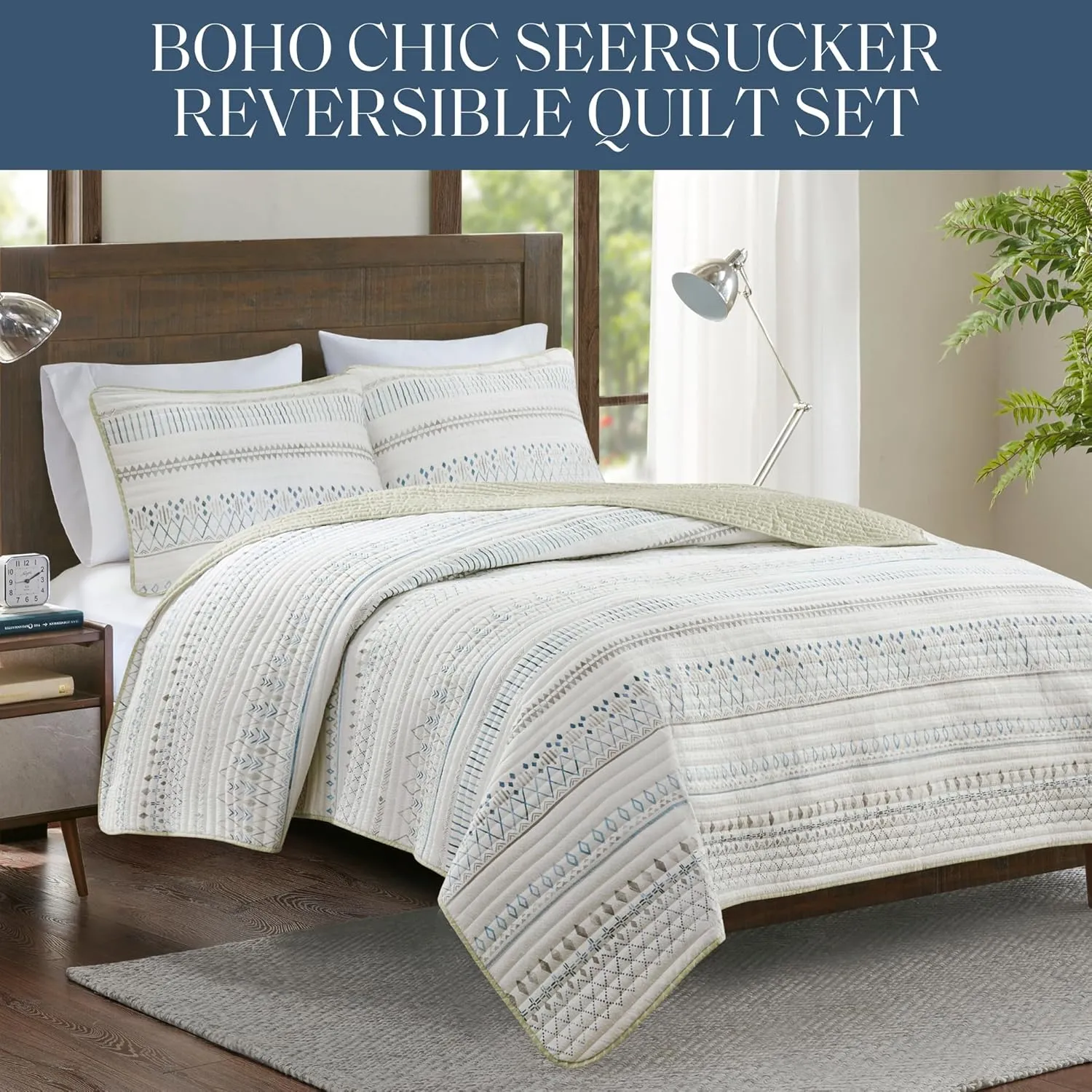 Madison Park Queen Quilt Set, Southwestern Boho Coverlet Queen Bedding Reversible Seersucker, Channel Quilting, All Season, Soft Microfiber Queen Size Quilt, Fraser, Full/Queen, Taupe/Blue 3 Piece