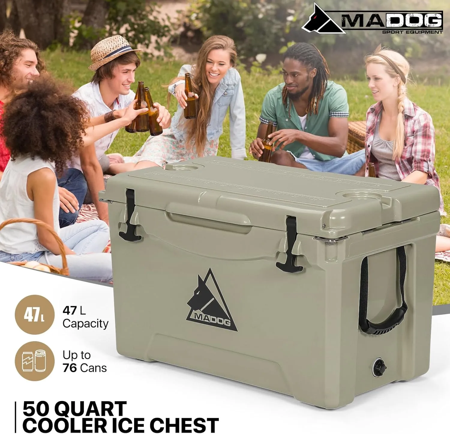 MADOG Portable Beach Cooler, Leak-Proof Travel Hard Cooler for 5-7 Days Ice Retention, LLDPE Portable Compact Coolers, Great for Beach, Picnic, Fishing and Camping