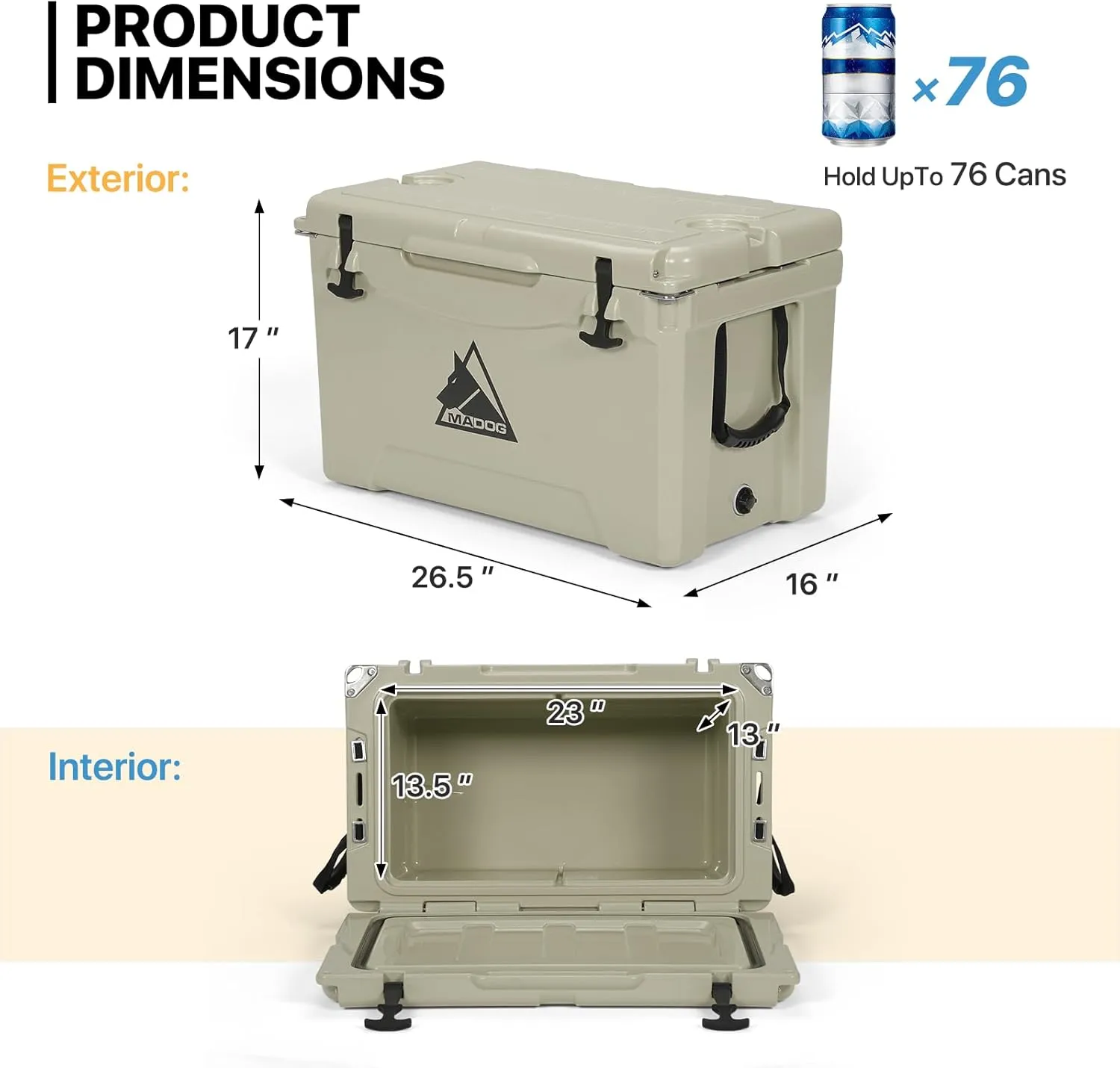 MADOG Portable Beach Cooler, Leak-Proof Travel Hard Cooler for 5-7 Days Ice Retention, LLDPE Portable Compact Coolers, Great for Beach, Picnic, Fishing and Camping