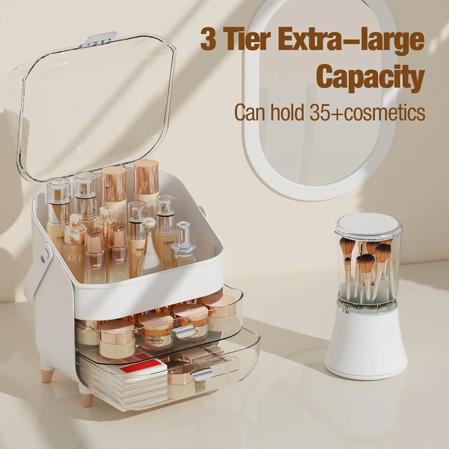Makeup Organizer Countertop Set, Makeup Brush Holder with Lid & Drawers, Bathroom Vanity Organizer and Storage, Make Up Organizer for Vanity, Skincare Organizer Gifts for Girls, Wife, Mom
