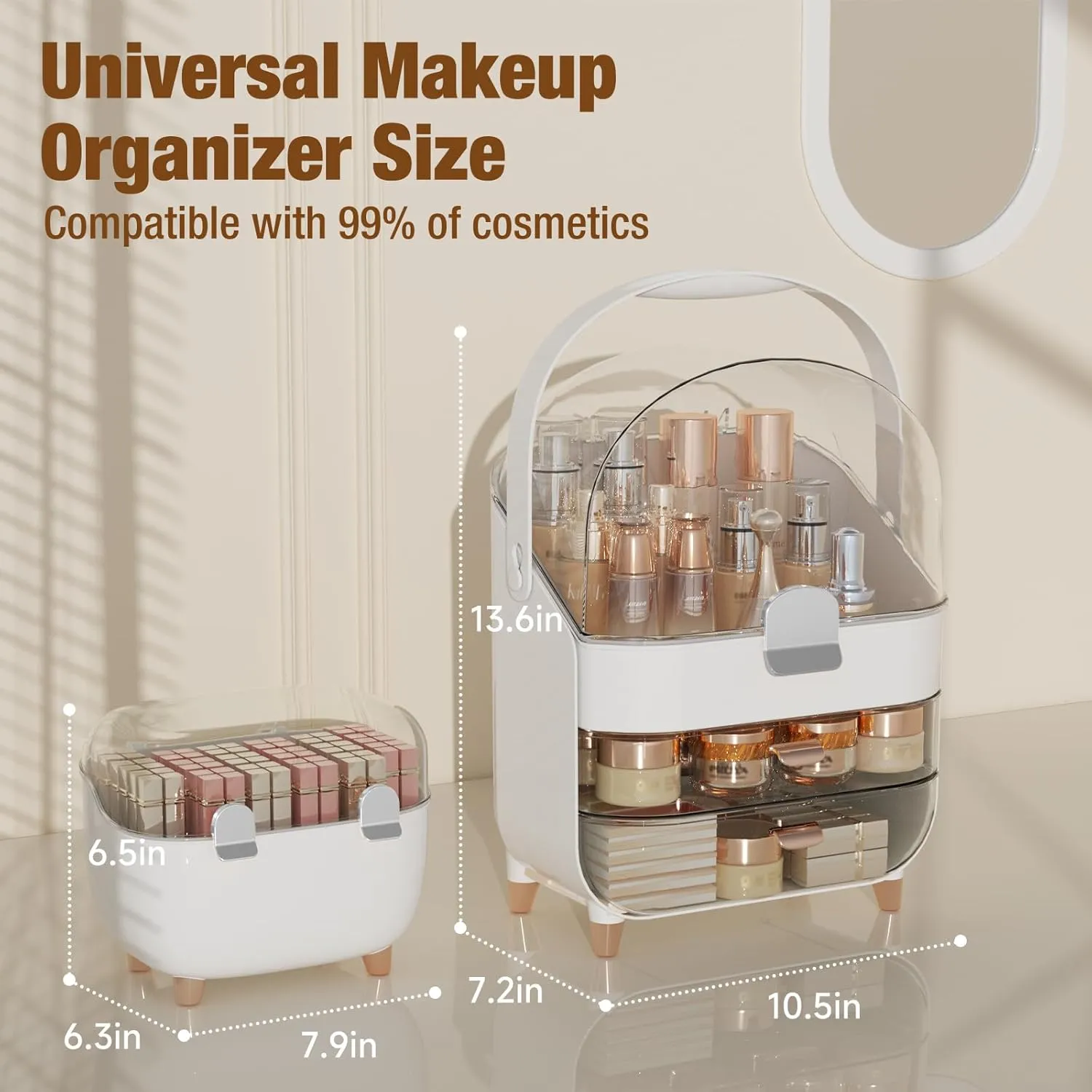 Makeup Organizer Countertop Set, Makeup Brush Holder with Lid & Drawers, Bathroom Vanity Organizer and Storage, Make Up Organizer for Vanity, Skincare Organizer Gifts for Girls, Wife, Mom