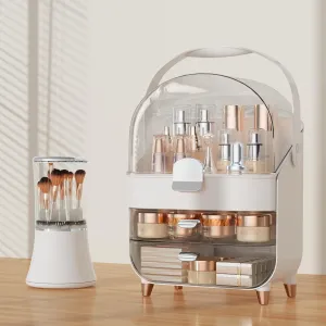 Makeup Organizer Countertop Set, Makeup Brush Holder with Lid & Drawers, Bathroom Vanity Organizer and Storage, Make Up Organizer for Vanity, Skincare Organizer Gifts for Girls, Wife, Mom