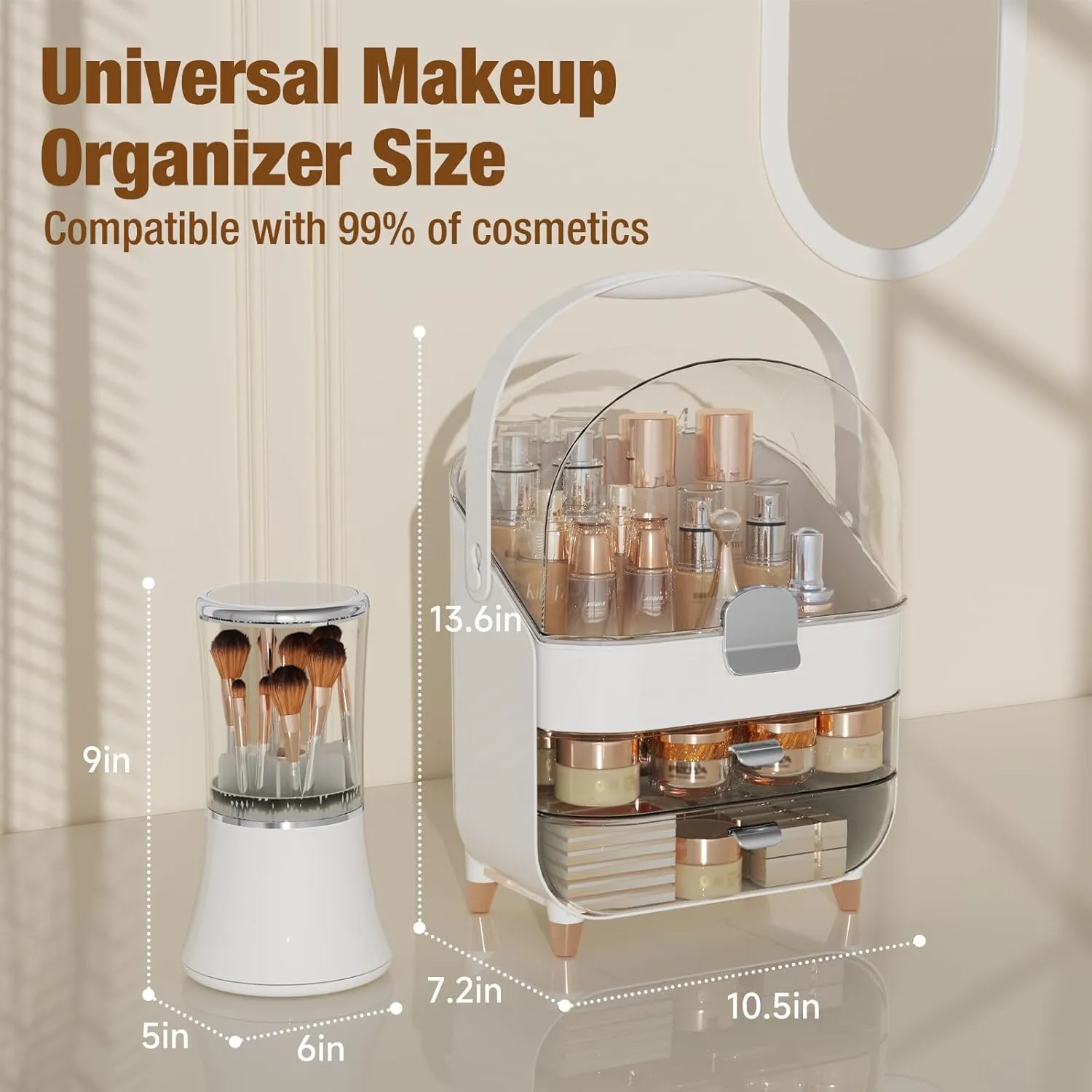 Makeup Organizer Countertop Set, Makeup Brush Holder with Lid & Drawers, Bathroom Vanity Organizer and Storage, Make Up Organizer for Vanity, Skincare Organizer Gifts for Girls, Wife, Mom