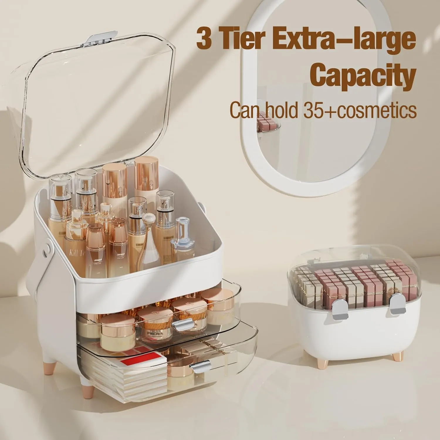 Makeup Organizer Countertop Set, Makeup Brush Holder with Lid & Drawers, Bathroom Vanity Organizer and Storage, Make Up Organizer for Vanity, Skincare Organizer Gifts for Girls, Wife, Mom