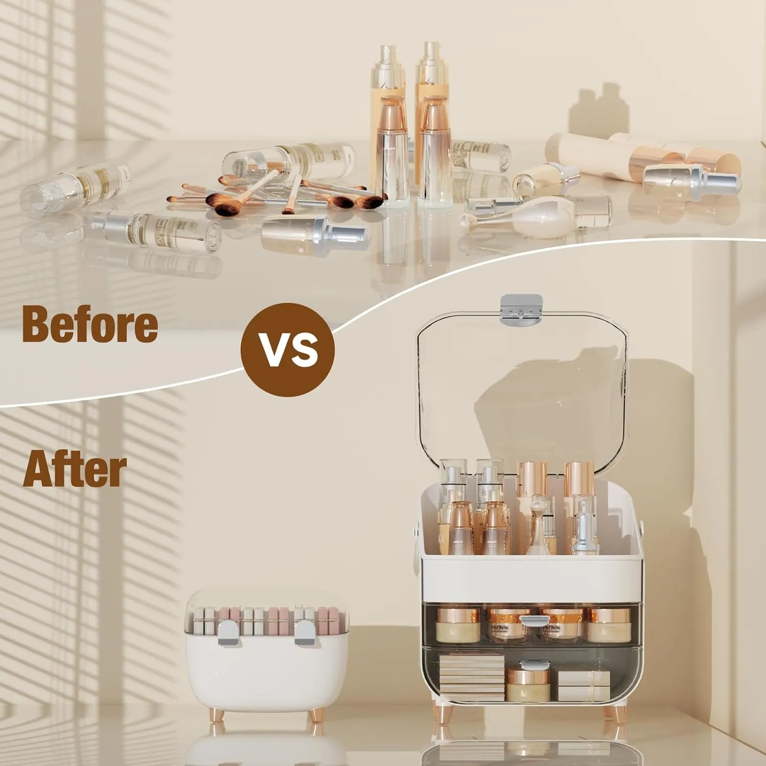 Makeup Organizer Countertop Set, Makeup Brush Holder with Lid & Drawers, Bathroom Vanity Organizer and Storage, Make Up Organizer for Vanity, Skincare Organizer Gifts for Girls, Wife, Mom