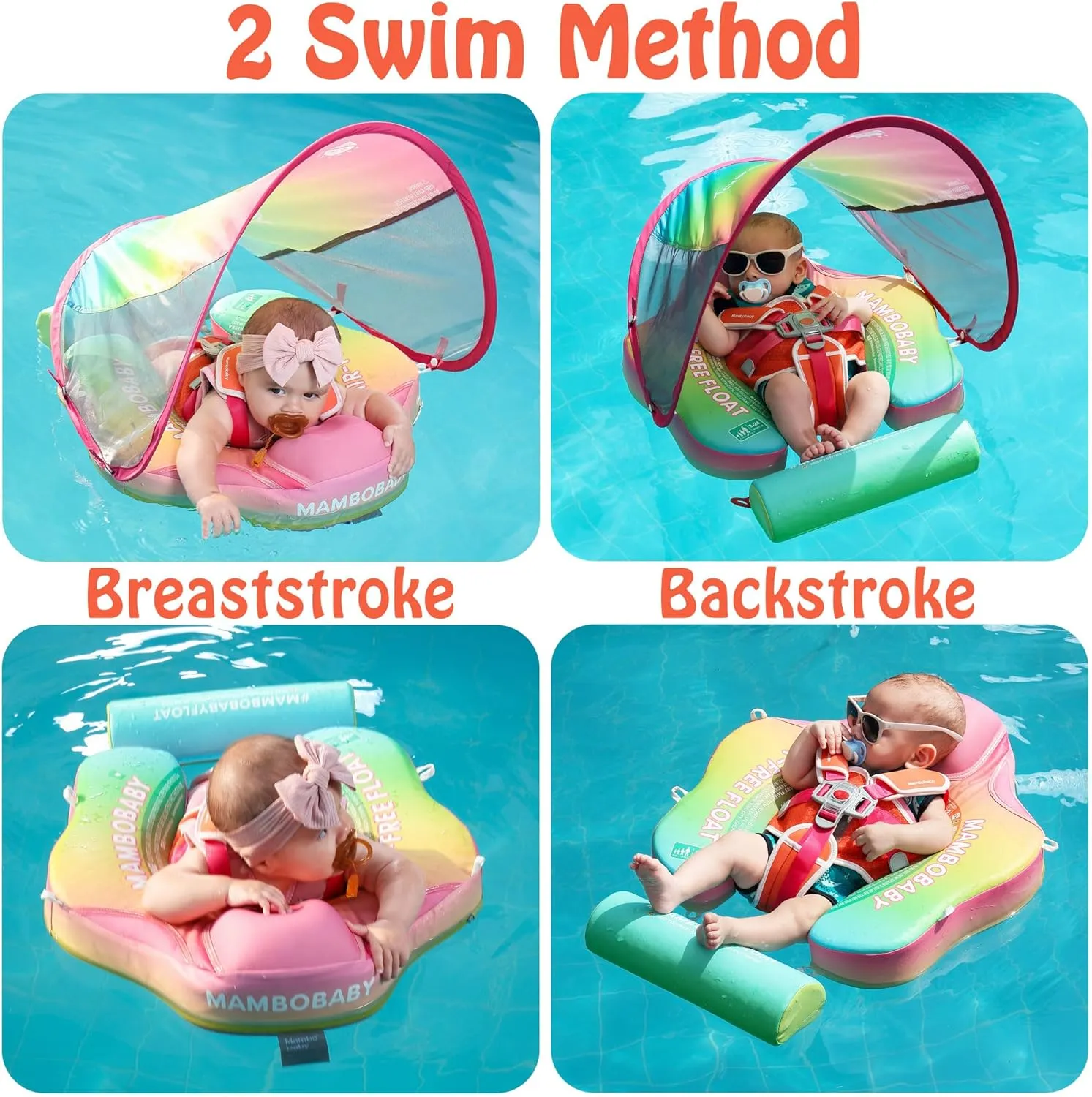 Mambobaby Float with Canopy Baby Float Non Inflatable Baby Safety Float for Swimming Pool Float Upgraded Tail Soft Skin-Friendly Material for Toddler Infant 3-24 Months, Rainbow