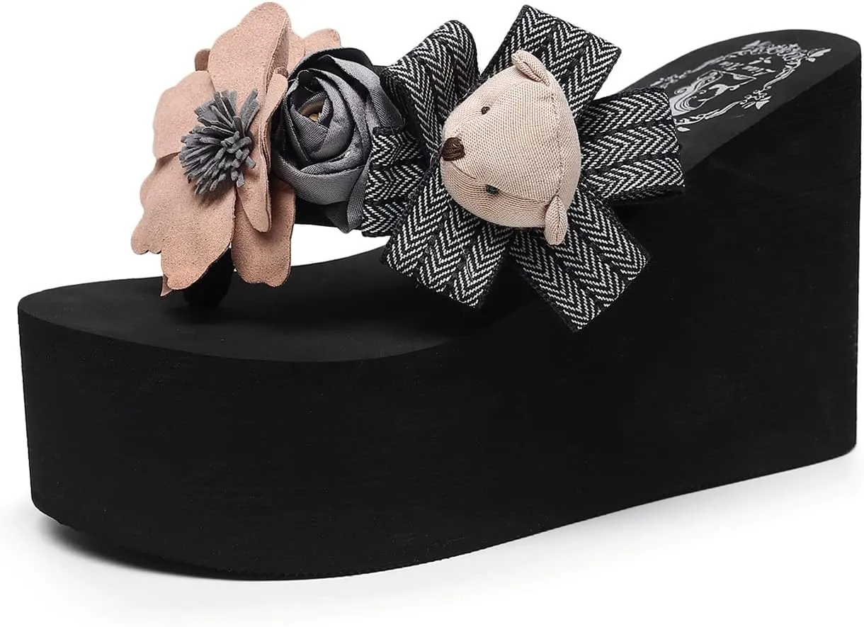 Mamilove Womens Chunky High Platform Wedge Flip-flops Sandals 8 Black-2